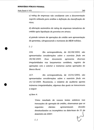 MINISTÉRIO PÚBLICO FEDERAL

    Ação Penal n° 470                                                           240

                 c) rating de empresas não condizente com a documentação
                 suporte utilizada para análise e definição da classificação de
                 nsco;


                 d) alteração automática de rating de empresas tomadoras de
                  crédito após liquidação de parcelas em atraso;

                 e) grande número de operações de crédito sem apresentação

                 de garantias, ultrapassando o montante de R$38 milhões.




•
                 (.. .)


                 316.             Em correspondência,      de 02/09/2004, são
                  apresentadas considerações sobre o exercicio findo em
                 30/06/2004.          Esse     documento    apresenta      diversas
                 irregularidades nos         lançamentos contábeis,     registro de
                  operações com o exterior e inúmeras outras operações do
                 Banco Rural.

                 317.             Em correspondência,      de 15/01/2005, são
                  apresentadas considerações sobre o exercicio findo em
                 31/ 12/2004. Novamente, o relatório de auditoria aponta

•                 inúmeras irregularidades, algumas das quais se transcrevem
                  a seguir:

                  a) Item 4:

                          'Como   resultado de      nossos testes seletivos nas
                          transações de operação de crédito, observamos que os
                          seguintes      clientes      apresentavam         dossiês
                          desatualizados ou incompletos na data-base de 31 de
                          dezembro de 2004':

                          (...)
 
