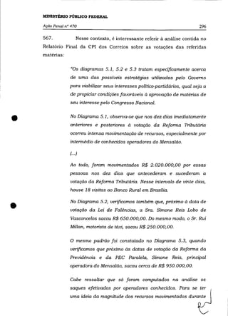 MINISTÉRIO PÚBLICO FEDERAL

    Ação Penal n° 470                                                          296

    567.              Nesse contexto, é interessante referir à análise contida no
    Relatório Final da CPI dos Correios sobre as votações das referidas
    matérias:


                  "Os diagramas 5.1, 5.2 e 5.3 tratam especificamente acerca
                 de uma das possíveis estratégias utilizadas pelo Governo
                 para viabilizar seus interesses político-partidários, qual seja a
                 de propiciar condições favoráveis à aprovação de matérias de
                 seu interesse pelo Congresso Nacional.



•                No Diagrama 5.1, observa-se que nos dez dias imediatamente
                 anteriores e posteriores à votação da Reforma Tributária
                 ocorreu intensa movimentação de recursos, especialmente por
                 intermédio de conhecidos operadores do Mensalão.

                 (... )

                 Ao todo, foram movimentados R$ 2.020.000,00 por essas
                 pessoas nos dez dias que antecederam e sucederam a
                 votação da Reforma Tributária. Nesse intervalo de vinte dias,
                 houve 18 visitas ao Banco Rural em Brasília.



•                No Diagrama 5.2, verificamos também que, próximo à data de
                 votação da Lei de Falências, a Sra. Simone Reis Lobo de
                 Vasconcelos sacou R$ 650.000,00. Do mesmo modo, o Sr. Rui
                 Mil/an, motorista de táxi, sacou R$ 250.000,00.

                 O mesmo padrão foi constatado no Diagrama 5.3, quando
                 veríjicamos que próximo às datas de votação da Reforma da
                 Previdência e da PEC Paralela, Simone Reis, principal
                 operadora do Mensalão, sacou cerca de R$ 950.000,00.

                 Cabe ressaltar que só foram computados na análise os
                 saques efetivados por operadores conhecidos. Para se ter
                 uma ideia da magnitude dos recursos movimentados durante
 