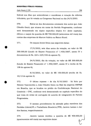MINISTÉRIO PÚBLICO FEDERAL

    Ação Penal n° 470                                                    298

    federal nos dias que antecederam e sucederam à votação da reforma
    tributária, que foi votada no Congresso Nacional no dia 24/9/2003.

    570.            Extrai-se dos documentos constante dos autos que João
    Cláudio Genú, que atuava em nome do Partido Progressista, conforme
    será demonstrado em tópico específico (tópico 8.1 deste capítulo),
    efetuou o saque da quantia de R$ 700.000,00 (setecentos mil reais) das
    contas das empresas de Marcos Valério no Banco Rural.

    571.            Os saques foram feitos nas seguintes datas:


•                   17/9/2003, sete dias antes da votação, no valor de R$
    300.000,00 (Laudo de Exame Financeiro n° 1.450/2007, anexo IV e
    documentos de fls. 223 e 225/226 do apenso 5);

                    24/9/2003, dia da votação, no valor de R$ 300.000,00
    (Laudo de Exame Financeiro n° 1.450/2007, anexo IV e recibo de fls.
    108 do apenso 6);

                    8/10/2003, no valor de R$ 100.000,00 (recibo de fls.
    10/13 do apenso 5).



•   572 .           O último repasse - do dia 8/10/2003 - foi feito por
    Simone Vasconcelos a João Cláudio Genú na filial da empresa SMP&B
    em Brasília, que se localiza no prédio da Confederação Nacional do
    Comércio - CNC, conforme será demonstrado no capítulo específico do
    que trata do crime de corrupção de autoria de integrantes do Partido
    Progressista.

    573.            O mesmo procedimento foi adotado pelos membros dos
    Partidos Liberal/PL e Trabalhista Brasileiro/PTB, Jacinto Lamas e Jair
    dos Santos, respectivamente.

    574.            Jacinto Lamas recebeu a quantia de R$ 400.000,00
    (quatrocentos mil reais) nas seguintes datas:
 