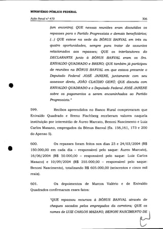 MINISTÉRIO PÚBLICO FEDERAL

    Ação Penal n° 470                                                            306

                 (um encontro); QUE nessas reuniões eram discutidos os
                 repasses para o Partido Progressista e demais beneficiários;
                 (... ) QUE esteve na sede da BÔNUS BANVAL em três ou
                 quatro   oportunidades,       sempre para tratar de     assuntos
                 relacionados      aos   repasses;   QUE   os   interlocutores    do

                 DECLARANTE junto          à    BÔNUS BANVAL eram         os     Srs.
                 ENIVALDO QUADRADO e BRENO; QUE também já participou
                 de reuniões na BÔNUS BANVAL em que estava presente o
                 Deputado Federal JOSÉ JANENE, juntamente                com seu



•
                 assessor direto, JOÃO CLAÚDIO GENÚ; QUE discutiu com
                 ENIVALDO QUADRADO e o Deputado Federal JOSÉ JANENE
                 sobre os pagamentos a serem encaminhados ao Partido
                 Progressista. »


    599.            Recibos apreendidos no Banco Rural comprovaram que
    Enivaldo Quadrado e Breno Fischberg receberam valores naquela
    instituição por intermédio de Áureo Marcato, Benoni Nascimento e Luiz
    Carlos Masano, empregados da Bônus Banval (fls. 156,161, 173 e 200
    do Apenso 5).

    600 .           Os repasses foram feitos nos dias 23 e 24/03/2004 (R$

•   150.000,00 em cada dia - responsável pelo saque: Áureo Marcato),
    16/06/2004 (R$ 50.000,00 - responsável pelo saque: Luiz Carlos
    Masano) e 10/09/2004 (R$ 255.000,00 - responsável pelo saque:
    Benoni Nascimento), totalizando R$ 605.000,00 (seiscentos e cinco mil
    reais).

    601.            Os depoimentos de           Marcos Valério e de      Enivaldo
    Quadrados confirmaram esses fatos:

                  "QUE repassou recursos à BÔNUS BANVAL através de
                 cheques sacados pelos empregados da corretora; QUE os

                 n=es de LUIZ CARLOS MAZANO, BENON! NASCIMENTO                   t?
 