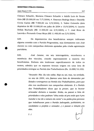 MINISTÉRIO PÚBLICO FEDERAL

    Ação Penal n° 470                                                             317

    Climaco Schaefer, Mariana Climaco Schaefer e Adolfo Luiz de Souza
    Góis (R$ 25.000,00 em 7/7/2004); 4. Emerson Rodrigo Brati e Danielly
    Cintia Carlos (R$ 7.900,00 em 2/9/2004); 5. Valter Colonello (dois
    depósitos de R$ 10.000,00 em julho de 2004 e 13/9/2004); 6. Laurito
    Defaix Machado (R$ 11.000,00 em 2/9/2004); e 7. José Rene de
    Lacerda e Fernando Cesar Moya (R$ 11.400,00 em 2/9/2004).

    629.              Os depoimentos dos beneficiários sempre indicaram
    alguma conexão com o Partido Progressista, seja diretamente com José



•
    Janene ou com campanhas eleitorais apoiadas pela citada agremiação
    partidária.

    630.              José Janene,      em   seu interrogatório,       reconheceu a
    existência    dos      vínculos,   citando   expressamente     a    maioria   dos
    beneficiários. Embora não lembrasse especificamente de todos os
    nomes, admitiu que os repasses tiveram origem em uma lista de
    prioridades entregue ao Partido dos Trabalhadores (fls. 16.088/16.102):

                  "Acusado: Não. Eu não sabia. Hoje eu sei, mas, na verdade,
                  no ano de 2004, nós fizemos uma lista de demandas por



•
                  Estado e entregamos ao Partido dos Trabalhadores, para que
                  eles nos auxiliassem nas campanhas eleitorais. E o Partido
                  dos Trabalhadores disse que ia prover, que ia buscar
                  arrecadar dinheiro e mandar. Então, eu passei a lista de
                  prioridades e eles pediram "olha então vê pra onde que é pra
                  mandar e me dá o número da conta" e eu pedia pras pessoas
                  que trabalhavam para o Partido (advogado, publicitário, os
                  candidatos a prefeito e vereador...) e passei a relação pra
                  eles.

                  (.. .)
 