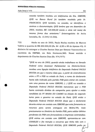 MINISTÉRIO PÚBLICO FEDERAL

    Ação Penal nO 470                                                                361

                 ocasião também recebeu um telefonema da Sra. SIMONE;
                 QUE no Banco Rural foi               também        recebida pelo    Sr.
                 FRANCISCO; QUE também, na ocasião, se identificou e
                 assinou a documentação; QUE lembra que em dezembro de
                 2003, recebeu R$ 120.000,00 (cento e vinte mil reais) da
                 mesma forma das anteriores." (Interrogatório de Anita
                 Leocádia, fls. 15.545/15.550).

    722.            Ainda no ano de 2003, Paulo Rocha recebeu de Marcos



•
    Valério a quantia de R$ 200.000,00 (fls. 84 d/85 e 89 do Apenso 45). O
    dinheiro foi entregue a Charles Santos Dias por Simone Vasconcelos no
    escritório   da SMP&B,            em Belo Horizonte/MG.          Nesse   sentido o
    depoimento de Charles Santos Dias (fls. 974/977):

                 "QUE no ano de 2003, quando ainda trabalhava no Senado
                 Federal como Assessor Parlamentar na Diretoria-Geral,
                 recebeu uma ligação telefônica do Deputado Federal PAULO
                 ROCHA em que o mesmo dizia que, a partir de entendimento
                 entre   o   PT   e   PSB no estado do Pará,   o    nome do declarante
                 havia sido indicado pelo partido PSB para entrar em contato


•                com uma pessoa de nome SIMONE; (... ) QUE na ocasião o
                 Deputado Federal PAULO ROCHA mencionou que o PSB
                 havia contraído dívidas de campanha para ajudar a então
                 candidata do PT MARIA DO CARMO na eleição do segundo
                 turno para o governo no estado do Pará; QUE então o
                 Deputado Federal PAULO ROCHA disse que o declarante
                 deveria entrar em contato com SIMONE que esta forneceria os
                 recursos     para       serem   entregues     em     Belém/ PA,    mazs
                 precisamente no Diretório do Partido PSB, para saldar débitos
                 pendentes do PSB com fornecedores e empresas contratadas;
                 QUE entrou em contato com SIMONE, apresentou-se com
                 CHARLES e fez menção a conversa que tinha tido com o
                 Deputada Fedeml PAULO ROCHA; QUE SIMONE Ped'"eJ
 