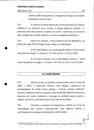 MINISTÉRIO PÜBLICO FEDERAL

    Ação Penal n° 470                                                                               363

                     valores; QUE acompanhou a contagem dos maços de cédulas
                     totalizando cem mil reais."

    723.                A conduta de Paulo Rocha de receber dinheiro em espécie
    valendo-se de artifícios para ocultar a origem (Marcos Valério) e a
    natureza ilícita dos valores recebidos de molde a inseri-los na economia
    sem vestígios de ilicitude tipificou o crime de lavagem de dinheiro.

    724.                Diante do exposto, o Procurador-Geral da República, na
    forma do artigo 29 do Código Penal, requer a condenação:


•                       a) de Paulo Rocha, em continuidade delitiva, 8 (oito) vezes
    nas penas do artigo 1°, incisos V, VI e VII, da Lei nO 9.613/1998;

                        b) de Anita Leocádia, em continuidade delitiva, 7 (sete)
    vezes nas penas do artigo 1°, incisos V, VI e VII, da Lei n° 9.613/1998.




                                         9.2 JOÃO MAGNO




•
    725.                Provou-se que, no período compreendido entre os anos de
    2003 e 2004, o Deputado Federal João Magno, valendo-se da
    intermediação de Paulo Vieira Albrigo e Charles Antônio Ribeir0 86 ,
    recebeu de Marcos Valério a quantia total de R$ 360.000,00 (trezentos e
    sessenta mil reais), mediante o emprego de artifícios para ocultar a
    origem, natureza e real destinatário dos valores recebidos.

    726.                Declarou o acusado em depoimento colhido no curso da
    investigação        que      acertou      pessoalmente          com      Marcos       Valério        o
    recebimento da vantagem indevida (fls. 6.002/6.004):




    "   Paulo Vieira A1brigo e Charles Antônio Ribeiro eram assessores do Deputado Federal João Magno.
 