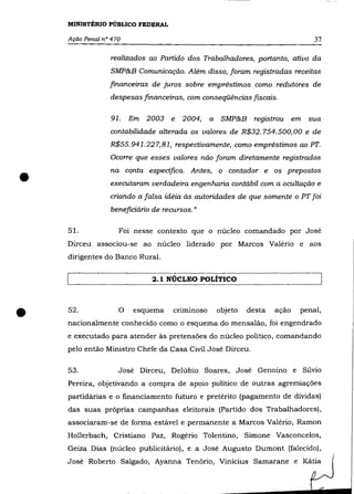 MINISTÉRIO PúBLICO FEDERAL

    Ação Penal n° 470                                                         37

                 realizados ao Partido dos Trabalhadores, portanto, ativo da
                 SMP&B Comunicação. Além disso, foram registradas receitas
                 financeiras de juros sobre empréstimos como redutores de
                 despesas financeiras, com conseqüências fiscais.

                 91.    Em   2003 e 2004,     a    SMP&B registrou em sua
                 contabilidade alterada os valores de R$32.754.500,00 e de
                 R$55.941.227,81, respectivamente, como empréstimos ao PT.
                 Ocorre que esses valores não foram diretamente registrados


•                na conta especifica. Antes, o contador e os prepostos
                 executaram verdadeira engenharia contábil com a ocultação e
                 criando a falsa idéia às autoridades de que somente o PT foi
                 beneficiário de recursos."

    51.             Foi nesse contexto que o núcleo comandado por José
    Dirceu associou-se ao núcleo liderado por Marcos Valério e aos
    dirigentes do Banco Rural.


                              2.1 NÚCLEO POLíTICO




•   52 .            O   esquema    cnmmoso        objeto   desta   ação
    nacionalmente conhecido como o esquema do mensalão, foi engendrado
    e executado para atender às pretensões do núcleo político, comandando
                                                                          penal,




    pelo então Ministro Chefe da Casa Civil José Dirceu.

    53.             José Dirceu, Delúbio Soares, José Genoíno e Sílvio
    Pereira, objetivando a compra de apoio político de outras agremiações
    partidàrias e o financiamento futuro e pretérito (pagamento de dívidas)
    das suas próprias campanhas eleitorais (Partido dos Trabalhadores),
    associaram-se de forma estável e permanente a Marcos Valério, Ramon
    Hollerbach, Cristiano Paz, Rogério Tolentino, Simone Vasconcelos,
    Geiza Dias (núcleo publicitário), e a José Augusto Dumont (falecido),
    José Roberto Salgado, Ayanna Tenório, Vinicius Samarane e Kátia
 