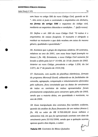 MINISTÉRIO PÚBLICO FEDERAL

    Ação Penal n° 470                                                           74

                 com base no artigo 586 do novo Código Civil, quando se lê:
                  "... têm entre si justo e contratado o empréstimo em dinheiro,
                  na forma do artigo 586 e seguintes do código civil,
                  mediante as seguintes cláusulas e condições ... ". (grifo nosso)

                  55. Define o art. 586 do novo Código Civil: "O mútuo é o
                 empréstimo de coisas fungíveis. O mutuário é obrigado a
                  restituir ao mutuante o que dele recebeu em coisa do mesmo
                 gênero, qualidade e quantidade. »



•                 56. Acontece que o grupo de empresas celebrou 30 contratos,
                  relativos ao ano de 2001, com essa base legal (exemplo no
                 Anexo 1, fls. 48). Entretanto, o novo Código Civil somente foi
                  levado a efeito pela Lei n° 10.406, de 10 de Janeiro de 2002.
                 Anterior ao novo Código, prevalecia o artigo 1.256, da Lei
                  3.071, de 1° de janeiro de 1916 (18).

                  57. Outrossim, com auxílio de planilhas eletrônicas, formato
                  do programa Microsoft Excell, utilizando-se de facilidades de
                  consulta, agregação, comparação e relacionamento oferecidos
                 pelo software, ficou constatado que as datas de vencimento

•                 de todos os contratos de mútuo apresentados foram
                 precisamente estipuladas para vencerem após julho de 2005,
                  sendo que a maioria delas, em quantidade e montante, no
                  ano de 2006.

                  58. Essa manipulação dos contratos fica também evidente,
                  quando da análise do fluxo financeiro de um mútuo (Anexo 1,
                 fls. 49) no valor de R$ 9.700.000,00 (nove milhões e
                  setecentos mil), em que foi apresentado contrato com data de
                  vencimento para 22/ OS/2006, sendo que a quitação ocorreu
                  apenas quatro dias depois, a saber:

                  Tabela 08: Contratos de Mútuo Quitados
 