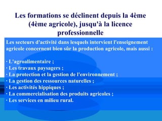Les formations se déclinent depuis la 4ème
       (4ème agricole), jusqu'à la licence
                professionnelle
Les secteurs d'activité dans lesquels intervient l'enseignement
agricole concernent bien sûr la production agricole, mais aussi :

· L'agroalimentaire ;
· Les travaux paysagers ;
· La protection et la gestion de l'environnement ;
· La gestion des ressources naturelles ;
· Les activités hippiques ;
· La commercialisation des produits agricoles ;
· Les services en milieu rural.
 