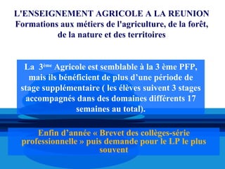 L'ENSEIGNEMENT AGRICOLE A LA REUNION
Formations aux métiers de l'agriculture, de la forêt,
          de la nature et des territoires


  La 3ème Agricole est semblable à la 3 ème PFP,
   mais ils bénéficient de plus d’une période de
 stage supplémentaire ( les élèves suivent 3 stages
  accompagnés dans des domaines différents 17
                semaines au total).

      Enfin d’année « Brevet des collèges-série
  professionnelle » puis demande pour le LP le plus
                       souvent
 