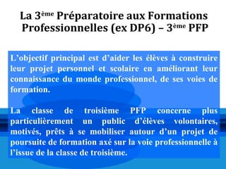 La 3ème Préparatoire aux Formations
  Professionnelles (ex DP6) – 3ème PFP

L’objectif principal est d’aider les élèves à construire
leur projet personnel et scolaire en améliorant leur
connaissance du monde professionnel, de ses voies de
formation.

La classe de troisième PFP concerne plus
particulièrement un public d’élèves volontaires,
motivés, prêts à se mobiliser autour d’un projet de
poursuite de formation axé sur la voie professionnelle à
l’issue de la classe de troisième.
 