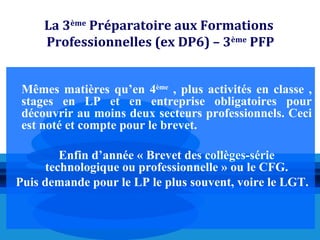 La 3ème Préparatoire aux Formations
     Professionnelles (ex DP6) – 3ème PFP


 Mêmes matières qu’en 4ème , plus activités en classe ,
 stages en LP et en entreprise obligatoires pour
 découvrir au moins deux secteurs professionnels. Ceci
 est noté et compte pour le brevet.

         Enfin d’année « Brevet des collèges-série
      technologique ou professionnelle » ou le CFG.
Puis demande pour le LP le plus souvent, voire le LGT.
 