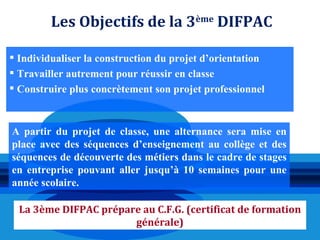 Les Objectifs de la 3ème DIFPAC

 Individualiser la construction du projet d’orientation
 Travailler autrement pour réussir en classe
 Construire plus concrètement son projet professionnel



A partir du projet de classe, une alternance sera mise en
place avec des séquences d’enseignement au collège et des
séquences de découverte des métiers dans le cadre de stages
en entreprise pouvant aller jusqu’à 10 semaines pour une
année scolaire.

  La 3ème DIFPAC prépare au C.F.G. (certificat de formation
                       générale)
 