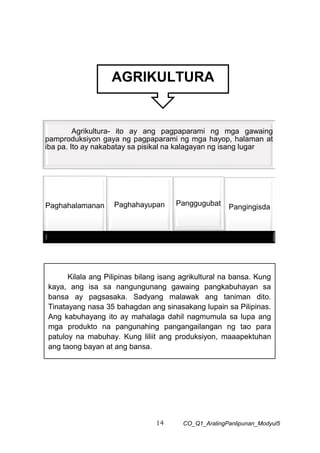 14 CO_Q1_AralingPanlipunan_Modyul5
AGRIKULTURA
Agrikultura- ito ay ang pagpaparami ng mga gawaing
pamproduksiyon gaya ng pagpaparami ng mga hayop, halaman at
iba pa. Ito ay nakabatay sa pisikal na kalagayan ng isang lugar
Paghahalamanan Paghahayupan Panggugubat Pangingisda
Kilala ang Pilipinas bilang isang agrikultural na bansa. Kung
kaya, ang isa sa nangungunang gawaing pangkabuhayan sa
bansa ay pagsasaka. Sadyang malawak ang taniman dito.
Tinatayang nasa 35 bahagdan ang sinasakang lupain sa Pilipinas.
Ang kabuhayang ito ay mahalaga dahil nagmumula sa lupa ang
mga produkto na pangunahing pangangailangan ng tao para
patuloy na mabuhay. Kung liliit ang produksiyon, maaapektuhan
ang taong bayan at ang bansa.
 