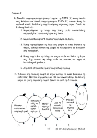 18 CO_Q1_AralingPanlipunan_Modyul5
Gawain 2
A. Basahin ang mga pangungusap. Lagyan ng TSEK ( / ) kung wasto
ang kaisipan sa bawat pangungusap at EKIS( X ) naman kung ito
ay hindi wasto. Isulat ang sagot sa iyong sagutang papel. Gawin sa
loob ng 5 minuto.
1. Napapaligiran ng tubig ang isang pulo samantalang
napapaligiran naman ng lupa ang lawa.
2. Mas mababa ng konti ang bundok kaysa sa burol.
3. Kung napapaligiran ng lupa ang golpo na nasa bukana ng
dagat, bahagi naman ng dagat na nakapaloob sa baybayin
ang karagatan.
4. Kung ang bukal ay tubig na nagmumula sa ilalim ng lupa,
ang ilog naman ay tubig mula sa mataas na lugar at
bumabagsak paibaba.
5. Ang look at tsanel ay parehong bahagi ng ilog.
B. Tukuyin ang tamang sagot sa mga tanong na nasa katawan ng
caterpillar. Gamitin ang gabay na titik sa bawat bilang. Isulat ang
sagot sa iyong sagutang papel. Gawin sa loob ng 5 minuto.
Pinaka-
mataas na
anyong lupa
Bahaging
tubig na
napali-
ligiran
ng lupa
Hanay
ng mga
bundok
Lupa na
napali-
ligiran ng
tubig
Patag at
malawak
na
anyong
lupa
 