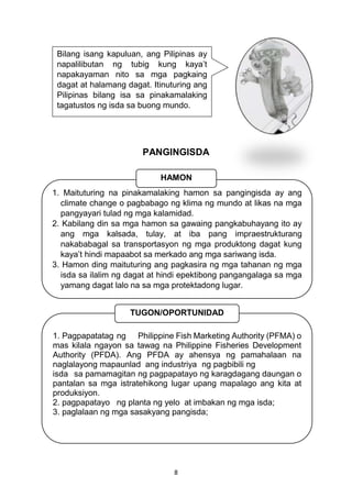 8
PANGINGISDA
1. Maituturing na pinakamalaking hamon sa pangingisda ay ang
climate change o pagbabago ng klima ng mundo at likas na mga
pangyayari tulad ng mga kalamidad.
2. Kabilang din sa mga hamon sa gawaing pangkabuhayang ito ay
ang mga kalsada, tulay, at iba pang impraestrukturang
nakababagal sa transportasyon ng mga produktong dagat kung
kaya’t hindi mapaabot sa merkado ang mga sariwang isda.
3. Hamon ding maituturing ang pagkasira ng mga tahanan ng mga
isda sa ilalim ng dagat at hindi epektibong pangangalaga sa mga
yamang dagat lalo na sa mga protektadong lugar.
HAMON
1. Pagpapatatag ng Philippine Fish Marketing Authority (PFMA) o
mas kilala ngayon sa tawag na Philippine Fisheries Development
Authority (PFDA). Ang PFDA ay ahensya ng pamahalaan na
naglalayong mapaunlad ang industriya ng pagbibili ng
isda sa pamamagitan ng pagpapatayo ng karagdagang daungan o
pantalan sa mga istratehikong lugar upang mapalago ang kita at
produksiyon.
2. pagpapatayo ng planta ng yelo at imbakan ng mga isda;
3. paglalaan ng mga sasakyang pangisda;
TUGON/OPORTUNIDAD
Bilang isang kapuluan, ang Pilipinas ay
napalilibutan ng tubig kung kaya’t
napakayaman nito sa mga pagkaing
dagat at halamang dagat. Itinuturing ang
Pilipinas bilang isa sa pinakamalaking
tagatustos ng isda sa buong mundo.
 