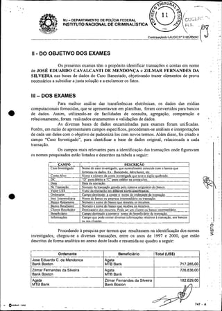 -..--   ..
    t




                             MJ   - DEPARTAMENTO DE POL~CIAFEDERAL                                                                                                                    ,
                             INSTITUTO NACIONAL DE CRIMINAL~STICA                                                                                                                     . .
                                                                                                                                                                                      . .


                                                                                                                                                                                          ,>
                                                                                            Conthma@cdoLAUDON02165i&£~€                                                               :


                                                                                                                                                                                      !/.




          -
        I1 DO OBJETIVO DOS EXAMES
                                                                                                                                                                      .           , ,,.
                                                                                                                                                                      .           .
                       Os presentes exames têm o propósito identificar transações e contas em nome                                                                                    ,     .
                                                                                                                                                                                      ;
        de JOSÉ EDUARDO CAVALCANTI DE MENDONÇA e ZILMAR FERNANDES DA                                                                                      ,..                         :
                                                                                                                                                                                      ...
        SILVEIRA nas bases de dados do Caso Banestado, objetivando trazer elementos de prova
        necessários a subsidiar a justa solução e a esclarecer os fatos.                                                                                                              ..,.
                                                                                                                                                                                      .




        I 1 - DOS EXAMES
        1
                                                                                                                                                                                            m

                      Para melhor análise das transferências eletrônicas, os dados das mídias
        computacionais fomecidas, que se apresentavam em planilhas, foram convertidos para bancos
a       de dados. Assim, utilizando-se de facilidades de consulta, agregação, comparação e
        relacionamento, foram realizados cmzamentos e validações de dados.
                                                                                                                                                ,         ,




                                                                                                                                                        . .
                                                                                                                                                                                      /..

                      As diversas bases de dados encaminhadas para exames foram unificadas.
        Porém, em razão de apresentarem campos específicos, procederam-se análises e interpretações
        de cada um deles com o objetivo de padronizá-los com novos termos. Além disso, foi criado o                                                       m                   .

        campo "Caso Investigado", para identificar a base de dados original, relacionada a cada                                                                                       ,

        transação.
                      Os campos mais relevantes para a identificação das transações onde figuravam
        os nomes pesquisados estão listados e descritos na tabela a seguir:
                 -~ CAMPO           .
                                                 .    ~.    ..
                                                                            DESCRICAO                                    I
                     Caso Investigado       Nome do caso investigado, que normalmente coincide com o banco que
                                            forneceu os dados. Ex.: Banestado, Merchonts, etc.
                  Conta-Alvo                Nome e número da conta investigada que teve o sigilo quebrado.
                   DC                       " D para débito e " C para credito na conta-alvo.
                   Data                     Data da operação.
                  Nr Transação              Número da transação gerada pelo sistema originário do banco.
                   Valor US$                Valor da transação em dólares norte-americanos.                                                                                       I .
                  Ordcnanie                 C a m p o ~ - ~ ~ ~ a a o nome doe r
                                                                        ~ ~ ~ n i ordcnaniç da transa*    .
                 - - -Inicrmedima
                   Insi - -                 Somc do bdnco ou 'mprç,a intcmiediiria na transaçjo
                 -. - Rcmctentc
                   Banco --                 Xumero c notnc do haiiço que rcm~.teuo.; ricursos                         -
                   Banco Recebedor          Número e nome do banco que recebeu os recursos.
                  Cliente Recebedor         Destinatário dos recursos. Podc ser um cliente ou banco intermediário.
                   BeneficiKio              Campo destinado a conter o nome do beneficiário da transação.
                   Informações              Campo quc pode conter divcrsas informações relativas à transação, aos bancos
                 I                      I   OU aos clientes                                                                I                              ..I
                                                                                                                                                         O
                        Procedendo à pesquisa por termos que resultassem na identificação dos nomes                                             " '




        investigados, chegou-se a diversas transações, entre os anos de 1997 e 2000, que estão                                                           5
                                                                                                                                                8             .
        descritas de forma analítica no anexo deste laudo e resumida no quadro a seguir:
                                                                                                                                                ,...',                    '       .i.




                       Ordenante                                       Beneficiario               Total (US$)
        Jose Eduardo C. de Mendonca                          Agata
        Bank Boston                                          MTB Bank                                               717.285,OO
        Zilrnar Fernandes da Silveira                        Agata                                                  726.836,OO
        Bank Boston                                          M B Bank
                                                               T
        Agata                                                Zilrnar Fernandes da Silveira                          182.629.00                                                            ,'
        M B Bank
          T                                                  Bank Boston                                               n/l                          ,             ,
                                                                                                                       I//     I
 