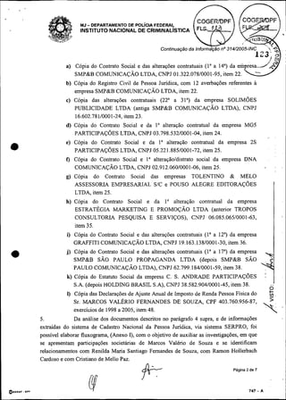 MJ   - DEPARTAMENTO DE POL~CIAFE
                     INSTITUTO NACIONAL DE CRIM




               a) Cópia do Contrato Social e das alte
                  SMP&B COMUNICAÇÃO LTDA, CNPJ 01.322.07810001-95, item 22.
               b) Cópia do Registro Civil de Pessoa Jurídica, com 12 averbações referentes a
                  empresa SMP&B COMUNICAÇÃO LTDA, item 22.
               c) Cópia das alterações contratuais (22" a 31") da empresa SOLIMÕES
                  PUBLICIDADE LTDA (antiga SMP&B COMUNICAÇÃO LTDA), CNPJ
                  16.602.78110001-24,item 23.
               d) Cópia do Contrato Social e da 1" alteração contratual da empresa MG5
                  PARTICIPAÇÕES LTDA, CNPJ 03.798.53210001-04, item 24.
               e) Cópia do Contrato Social e da 1" alteração contratual da empresa 2 s
e                 PARTICIPAÇÕES LTDA, CNPJ 05.221.88510001-72, item 25.
               f) Cópia do Contrato Social e 1" alteraçãoldishato social da empresa DNA
                  CO~ICAÇÃO        LTDA, CNPJ 02.912.06010001-06, item 25.
               g) Cópia do Contrato Social das empresas TOLENTINO & MEL0
                  ASSESSORIA EMPRESARIAL SIC e POUSO ALEGRE EDITORAÇÕES
                  LTDA, item 25.
               h) Cópia do Contrato Social e da 1" alteração contratual da empresa
                  ESTRATÉGIA iMARKETiNG E PROMOÇÃO LTDA (anterior TROPOS
                  CONSULTORIA PESQUISA E SERVIÇOS), CNPJ 06.085.065/0001-63,
                  item 35.
               i) Cópia do Contrato Social e das alterações contratuais (Ia a 12") da empresa
                  GRAFFITI COMITNICAÇÃOLTDA, CNPJ 19.163.13810001-30,item 36.

e              j) Cópia do Contrato Social e das alterações contratuais (Ia a 17") da empresa
                  SMP&B SÃO PAULO PROPAGANDA LTDA (depois SMP&B SÃO
                  PAULO COMUNICAÇÃO LTDA), CNPJ 62.799.18410001-59,item 38.
               k) Cópia do Estatuto Social da empresa C. S. ANDRADE PARTICIPAÇÕES
                  S.A. (depois HOLDiNG BRASIL S.A), CNPJ 38.582.90410001-45, item 38.                ..
                                                                                                     O
               1) Cópia das Declarações de Ajuste Anual de Imposto de Renda Pessoa Física do
                  Sr. MARCOS VALÉRIO FERNANDES DE SOUZA, CPF 403.760.956-87,
                  exercícios de 1998 a 2005, item 48.
    5.            Da análise dos documentos descritos no parágrafo 4 supra, e de informações
    extraídas do sistema de Cadastro Nacional da Pessoa Jurídica, via sistema SERPRO, foi
    possível elaborar fluxograma, (Anexo I), com o objetivo de auxiliar as investigações, em que
    se apresentam participações societárias de Marcos Valério de Souza e se identificam
    relacionamentos com Renilda Maria Santiago Femandes de Souza, com Ramon Hollerbach
    Cardoso e com Cristiano de Mello Paz.
                                                                                     Página 2 de 7
 