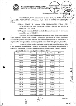 MJ- DEPARTAMENTO DE POL~CIAFEDERAL
                     INSTITUTO NACIONAL DE CRIMINAL~STI




    6.          Em 22/08/2005, foram encaminhados os itens 21/37, 43, 47/52, 60
    empresa DNA PROPAGANDA LTDA e itens 20,22 e 24/25 da SMP&B C 0
    LTDA.
             a) LIMOS DIÁRIO da empresa DNA PROPAGANDA LTDA, CNPJ
                17.397.076/0001-03, com escrituração contábil referente ao período de
                01/01/2003 a 31/12/2004.
               b) 04 (quatro) pastas da SMP&B contendo faturamento/previsão de faturamento
                  mensal dos anos de 200212004.
    7.             Analisadas as informações bancárias existentes na mídia fornecida pelo Banco
    Rural, objeto do Laudo no 2 150 - 05 N C ,observou-se que cheques de valores superiores a
a   R$10.000,00 (dez mil reais) não estavam devidamente representados na contabilidade da
    empresa DNA Propaganda Ltda, emitidos a partir da conta 60022414, agência 9, banco 453.
    8.             A falta do registro contabil sugere que a escrituração contábil apresenta vícios
    e não representa adequadamente a situação patrimonial e financeira da pessoa jurídica. A
    relação dos cheques não localizados nos livros Diário é apresentada no Quadro 01 a seguir.          I




                                                                                        Pdgina 3 de 7
 