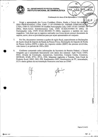 .   r   *


4

                                  MJ- DEPARTAMENTO DE POL~CIAFEDERAL
                                  INSTITUTO NACIONAL DE CRIMINAL~STICA


                                                           Continuaçúo do Anexo II


                6.       Exigir a apresentação dos Livros Contábeis (Diário, Razão e Caixa) das em
                     DNA PROPAGANDA LTDA, CNPJ 17.397.07610001-03; SMP&B
                     LTDA, CNPJ 01.322.07810001-95 Graffitti Participações Ltda, CNPJ 19.163.13810001-3
                     (MG); Multi-Action Entretenimentos Ltda, CNPJ 03.824.25310001-78 (MG); 2 s
                                                                                                                       ,      ,
                     Participações Ltda, CNPJ 05.221.88510001-72 (MG), impressos e também em meio                                 ,
                     magnético. Vale dizer que os registros realizados nos livros devem possuir documento de                      ,.
                     suporte, assim, deve-se providenciar para que sejam apresentados em conjunto.

                7.      Por fim, documentos inerentes a quebra de sigilo fiscal, especialmente as Declarações
                     de Ajuste Anual de Imposto de Renda da Pessoa Física, Declarações de Imposto de Renda
                     da Pessoa Jurídica (DIPJ) e dados dos impostos retidos (IRRF) das pessoas envolvidas,
                     vide Anexo I, no período de 1998 a 2005.                                                          ,.         ,
                                                                                                                                  z
                                                                                                                       .          .

                8.       Conforme comentado sobre informações da Secretaria da Receita Federal, o Dossiê
                     Integrado que é alimentado basicamente com dados dos sistemas: Ação Fiscal; CNPJ;
                     DAC; Alvarás de Construção; Automóveis, Caminhões, Compras Coleta, Consórcio,
                     DETRAN, ICMS, IPTU, IPVA, ITBI, Maquinas Agrícolas e Tratores, Nota Fiscal de
                                                                                                                           , .+
                     Produtor Rural; DIRF; DOI; ITR; Rendimentos DIPJ; Rendimentos de PF; Arrecadação;
                     CC5 e dados globais da movimentação financeira com base na CPMF.

                                                                                                                       I




                                                                                                Pagina 30 de 30

                                                                                                                  ,.       ..,        ,r
 