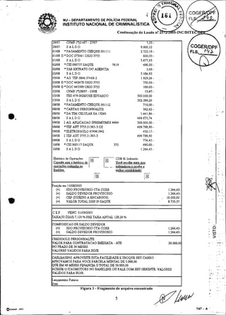 --                    --                     -
                                             -




                           MJ- DEPARTAMENTO DE POL~CIAFEDERA~
                           INSTITUTO NACIONAL DE CRIMINALISTICA
                                                           Continuação do Laudo no

            29107     CPMF ((321107 - 27107                                      7.33 -
            29107     SALDO                                                  9.000.12                         COGERIDPF
            01108 'PAGAMEWO CHEQUE 001111                                    2722.19 -                        FLS.   '9,
            01108 D *DOC 275061 OPJG 3755                                      600.00 -
            01108     SALDO                                                  5677.93
            02108 * CEI 000737 SAQUE           7619                            490.00 -
            02/08 * TAI( ?Xi'R4TO C/C ACiENCIA                                   3.00 -
            02108     SALDO                                                  5184.93
            05108 *AG TEF 0846.37469-2                                       1929.26 -




  .',
                                                                                          ,

            05108 D 'DOC 442478 ORIG 3755                                      750.00 -
            05108 D 'DOC 443399 ORIG 3755                                      100.00 -
            05108     CPMF ((328107 - 03/08                                     15.47 -
            05108     TED 4790028JOSE EDUAWO                               500.000.00
            05/08     SALDO                                                502.390.20
,       .
            08108 'PAGMvENTO CHEQUE 001 112                                    710.00 -
!
            08/08 * CARTA0 PERSONNALrE                                         562.62 -




~
                      DA^ CELULARSA 13240
1           08108
            08108     SALDO
            09108 I AG. APLICACAO ÇPREMTJMDI 4464
                                                                             1441.84-
                                                                           499675.74
                                                                           500.000,OO-
            09108 *TEF AüT3755.21365-3 c11                                 499.798.90 -
            09108 'ELETROPAULO 074961942                                       450.17 -
i
I
    '
            09108 I TEF AUT 3755.21365-3
            09108     SALDO
                                                                           499.798.90
                                                                               774.43 -
I
            l0/08 * CEI O001 I7 SAQUE           372                            490.00 -



                Hin6tico & Operaçõcr

                                             IõF
                                                          CDB Bi Indexado
                Condte ami o hist6tico de                 Voc€ e s c o h cntrc dois
                operacões r e a h d a s no       - -. .   ndexadorer c recebe a
                                                          melhor rcntablhdadel

                                                                                 P-
            I     (+)
                  =
                            SDO P30VIÇORiO CTA CORR
                            SALD3 DEVEDOR PROKSCXO

            I i.> (=)
                            CEP (SUEiTO A ENCARGOS)
                            VALOR TOTAL DISF' P/ SAQUE


                 EP     VENC. OIl09/2005
                AXA(30 DIAS) 7.120 % PRETAXAANUÃZ. 128.26 %

            COMF'OÇICAO DE SALDO DEVEDOR
              (+)   SDO PROVISORIO CTA CORR                                                   1.264.43-
              (=)   SALDO DFXEDOR PROVISORIO                                                  1.264.43-




                  ROVAMOS PARA VOCE PARCELA MENSAL DE 5 000.00
            QmEM 48 MESES FINAUCIA O TOTAL DE 50 000.00
                CESSE O flAUMOTORS NO BANKLINE OU FALE COM S K J GERETE VALORES
                       PARA HOJE.                                                                         I
                ata
                                    Figura 3 - Fragmento de arquivo encontrado

                                                          5
 