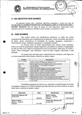 MJ   - DEPARTAMENTO DE POL~CIAFEDERAL
                           INSTITUTO NACIONAL DE CRIMINAL~STICA




                                                                                                                           
           -
     II DO OBJETIVO DOS EXAMES

           Os presentes exames têm o propósito identificar transações e contas em nome de
                                                                                                                                                   ~
                                                                                                                                             , r

     GUARANHUNS EMPREENDIMENTOS INTERMEDIAÇÓES E PARTICIPAÇOES e                                                                             ...
                                                                                                                                              ,,
     ESFORT TRADING S/A nas bases de dados do Caso Banestado, objetivando trazer                                                               ,
     elementos de prova necessários a subsidiar a justa solução e a esclarecer os fatos.                                                     ...
                                                                                                                                             ,,'
                                                                                                                                             , .*




     III   - DOS EXAMES
                   Para melhor analise das transferências eletrônicas, os dados das midias
     computacionais fomecidas, que se apresentavam em planilhas, foram convertidos para bancos
a,   de dados. Assim, utilizando-se de facilidades de consulta, agregação, comparação e
     relacionamento, foram realizados cruzamentos e validações de dados.
                                                                                                                               ,.    .


                   As diversas bases de dados encaminhadas para exames foram unificadas.
     Porém, em razão de apresentarem campos específicos, procederam-se análises e interpretações
     de cada um deles com o objetivo de padronizá-los com novos termos. Além disso, foi criado o                                :,
     campo "Caso investigado", para identificar a base de dados original, relacionada a cada
     transação.
                   Os campos mais relevantes para a identificação das transações onde figuravam
     os nomes pesquisados estão listados e descritos na tabela a seguir:

                        CAMPO
                   Caso Investipado
                                      '   I
                                          I
                                                                            DESCRIÇAO
                                              Nomc do caso investigado. que normalmente coincidi com o banco que                         I



               I                          I OU aos clientes.                                                          I
                     Procedendo à pesquisa por termos que resultassem na identificação dos nomes
     investigados, chegou-se a 03 (três) transações que estão descritas, de forma analítica, no anexo
     deste laudo e resumida no quadro a seguir:

                   Ordenante                               Data                     Beneficiário             Total (USS)
     Chello SIAI Beacon Hill                                               Esfort Trading
     Chase NYC                                                             Banrisul - Cayrnan
                                                         25/03/02          Citibank                            1.OOO.OOO.OO
     Esfort Trading                                                        Chello SIA I Beacon Hill
     Banrisul - Cayman                                                     Chase NYC
     Citibank                                            O1111/02                                              ~000.000,00
 