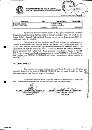 Ordenante                  Data                Beneficiário       Total (US$)
Digital (Deraboix)                                Esfort Trading
Hudson United Bank                                Banrisul - Cayman
                                    O4106103      Citibank                        100.000,OO


              Foi possível identificar também a conta no 0222 que, pelo conteúdo das ordens
de pagamento, conclui-se ser de titularidade da Esfort Trading no Banco do Estado do Rio
Grande do Sul - Banrisul, Agência Grand Cayman, que por sua vez detém a conta 3601 1473
no Citibank (ABA 021000089).
               Cabe destacar que duas operações identificadas se deram por meio da conta no
530098709, administrada pela empresa Beacon Hill Serviçe Corp. e titulada pela CHELLO
S/A, no Chase Bank de Nova Iorque e cujos representantes são Raul Henrique Srour - Rua
Jaques Felix, 96, Apto 61, São Paulo, Brasil - e Richard Andrew de Mo1 Van Otterloo -
Rua Rio de Janeiro, Apto 71, São Paulo, Brasil, conforme demonstrado no Laudo no 1032104-
INC.A outra operação identificada se deu por meio da conta no 30173019, no Hudson United
Bank, titulada pela DIGITAL (DERABOIX SIA), cujos representantes são os mesmos da
conta CHELLO.




               Pelo exposto, os peritos constataram a existência de conta e de 03 (três)
transações financeiras em nome da ESFORT TRADING S/A, nas bases de dados do Caso
Banestado, as quais estão descritas no anexo deste laudo.


                                o a lavrar, os peritos encerram o presente Laudo, produzido
em 03 (três) folhas e um        ue lido e achado conforme, assinam acordes.                    ,   8


                                                                                                                '
                                                                                                   I    .
                                                                                                            .   .


                                                                                               .
                                                                                               ,
                                                                                                   ,        .,
                                                        Perito Criminal Federal                    ..
                                                              Matr. 8368                           O
                                                                                                   L
                                                                                                   >
 