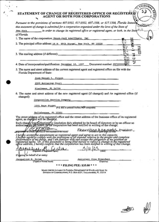 i
    .,
     .-i
                                                                           .
            STATEMENT OF CHANGE OF RJ~GISTERED
                                             OFFICE OR
                       AGENT OR BOTH FOR CORPORATIONS
                             

           Pursuant to khe provisiom of sections 607.0502. 617.0502,60% 1.508. or
           this statement of change is submiitedfor a corporalíon organizcd under the laws of the State of
            New York              in order to change its registered ofice or registered agent, or both. in
           of Ronda.
           1. The name of the corporation: TRANS-FAST RWWANCE, INC.                                   S.
                                                                                                                       F^ -
                                                                                                                       rr        3
                                                                                                                                 O




                                                                                                                                 ,
           2 The principal office address: 16 w.      46th street, New York, NY 10036                   ~.   .
                                                                                                                        E
                                                                                                                        (.            n
                                                                                                                 ,"   - Z?:.     1.   5
           3. The rnailing address (if different):                                              -
                                                                                                             .- .
                                                                                                                      ..
                                                                                                                      ;C
                                                                                                                        md
                                                                                                                            -
                                                                                                                            *
                                                                                                                            U,
                                                                                                                            o
                                                                                                                                 i

                                                                                                                                 '
                                                                                                                                 3
                                                                                                                                  P
                                                                                                                                      2
                                                                                                                            i-rU
                                                                                                                               -
           4. Date. of incorporatiodqu1ificah:on:December 16.             1997        Document numbeb ~      9 7 0 0 0 0 0C
                                                                                                                          ~

           5. The name and street address of the current regsâered agent and registered office on file with ihe
              Florida Department of State:
                            Jose Manuel L . Pinzon

                            2502 Buttercup Court                   ..


           6. The name and street address of &e new registered agent (if changcd) and /or registered office (if
              changed):
                           Corporation S-ice          Cmqany

                            1201 Hays street
                                                 (?.O. Box or pnsanai maiibox      acap<abls)



                            ss of its re stered office and the street address of íhe business office of its registered
           g e , S Z k m e d w i i be g e n ~ l .
           Such                                   ution duly adoptcd bfy i8 boardof directors or by an officer so
           autho                                  ration has been noti ied ui wntmg of the change.

                                                                                                    1
                                            as registered a ent and agree to act in this capacity.
                                             nrovlsions o h l i staiutes relalive to fhe nroner and comnlete
           Pe$omanie of my du?& and I ainfamiliar wfth and accept the obligatiôn o y ~ y          ositioe ar
           re istered agenr. Or. i/this document 1s beingjiled merel to refcct a ~ h a n g q Phe rggrFtered
                                                                                             In
           o&ce addrur. I hereby confim thet rhe corpo~aizon &en not$ed ln ~ i i i n of this change.
                                                                  has                           g


                   "
           1f& r on behalfofan entity:
               y
           Jacqueline M. G i l e s                                       Assiscant Vice Presideat                     . .
                        (Typod or Prinld Nnme)                                           (Capaciry)

                                                 * * * FILING =E:               535.00   ***
                                  MAU CHECKS ?AY*BLE TO F L O ~ DEPMSMM OF STATE &v MAILTO:
                                                                A                 
                                   DNISIOXOFCO&WB*ITONS. BOX 6327.T*Unnnss4 R 32314
                                                           P.O.
 