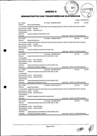 1.


                                                            ANEXO 11                                                                              FLS.-.-.-..     i


       DEMONSTRATIVO DAS TRANSFERÊNCIAS ELETR~NICAS


Da-:   08109103                                           N r T n n s s ~ S o : 20030906B1MiW2UI                                   Valor USS          37.390.00
Onienenfe:             RADIAL EKIERPRISE;BR/SIL:

Insl. b t m e d i d d * : ACOW891045239:TRANS FAST REMITTANCE INC.:SDUTH M E R I U ACCOUM:l6 WEST 46TH STREET,NEW YORK NY l W S 4 5 0 3
manco Remelento: 2 1 ~ 0 0 2 1 JPMCHASE
Bando Rncebndor: 21201M3           HUDSON UNITEO NJ
Cllenls Recebdobod
Beneflcl5do:           AC3.962.071.668:IBALONE INVESTMENTS 1NC:NY:

Infomigdsr:                                                                                        A q u l v o Odg.:    HUB WTS 12_15.2003   ConvsOed.mdb


nata: m         3                                         N r m n s a ~ 8 o : 2W309228100U)lU)                                     Valor U S          42.102.00
Ordenente:             M i e s EMERPR1SE:UW
InsL Intsmsdlbda: ACW0891045239:TRANSFAST REMmANCE INC.;SOUTH MERICA f f i C 0 U M : l S WEST 4BTH STREETrNEW YORK NY 1W364X13
B."SoRamelonto:        21000021    JPMCHASE
BandoRsce6sdoi: 21201503           HUDSON UNITEDNJ
Clionm Recsbsdor:
Bmnoflc16d0:           AC3982,07?.6BB:IBALONE INVESTMENTS INCNEW Y O W

bbmac#er:                                                                                          A q u l v o Oilg.:   HUBWTs 12-112003 CanvaMd.mdb

Data: 2W09103                                             NrTrenra~do: 20030925B108432CO                                           Valor USS          21.729.00
Odenonte:              TRANS-FASTREMITTANCE INC,~~W
                                                  4          6 ST:NEW YORK. NY 10936:
                                                                 ~ ~
InrL btemsdl5da:
BansoRemetente: 21407912           NORTH FORK BANK
Bando Resebedor 21201503           HUDSON UNITEDKI
Cllenle Recebedo,:
BBneflcl5rlo:          AC3981011688~ALONEINVESTMENTS INCNEW YOWNEW YORK:

InfOrmSy6er:           FR0M:RADIAL ENTERPWSE WIREIIW R:                                            A q u M o Orig.:     HUB WTS 12-1-003ConveW.db


Date: 26DSD3                                              NrTmnra$bo: 200309268108432CO                                            Vo<oi USS          30.000.00
Ordenanfe:             1--FASTREMITTANCE         IW,I6W 4BTnST:NEW YORIC NY 1 W 3 6
I *.
 " ,
   Intmsdldda:
sanco Remetonto: 21407912          NORTH FORK BANK
Bando R e c e b d o r 21201503     HUDSONUNITEDNJ
CIIBnto Roscbodor
BBnoflcl5do:           ffi3982071688@UONE      IMIESTMENTSINCNEW YOW,NEW YORK:

InfomaíÜsr:            SENDER:WAL ENTERPWSE REF.JUCI:                                             A q u l v o Ddg.:    HUBWTr 12-13-2MUCoWeWdb


DaB: OlllOR3                                              NrTrensagSa: 20031001BlOGWlCO                                            Valor UEI          50.00000
Omlenanle:             R/DIAL EMERPR1SE:NY:

Insl. Intermedlbda: AC000891045239:TRANS FAST REMITTANCE INC :SOUTH AMERICAACCOUNT:l6 WEST 46TH STREETNEW YORK NY 1 0 0 W 5 0 3
~ a n c o ~ e m e t e n m2 1 ~ ~ 2 JPMCHASE
                         :          1
Bando Recabdor: 2120lM3            WDSON UNITED NJ
Cllent* Ri>sebodoi
Benencl5rio:           AW.962.071.BB8:#54LONE INVESTMENTS 1NC:NEW Y O W
Infomacdsr:                                                                                        n q u l v o Dng.:    HUB WTO 12-15-2W3ConvaMd.db

Da-:    WlW3                                              ~r~ranra~10:
                                                                   2W31W2B108a32U)                                                 ValW U U            I5.lY1.W
Omenante                TRANS-FIST REhUlTANCEINC:l6W 46TH ST:NEWYORK NY i :
                                                                         -
lnst mtcmedl5da:
B a m o Remetente: 21407912        NORTH FORK WNK
Bando Recebadoi: 21201503          HUDSON UNITED N
                                                 I
cllmm ~ e r e b s d o r :
Benancl5ilo:                                INVESTMENTS
                        K ~ ~ ~ M ~ ~ w N U O N E             INC:NEW YOW#EW Y O W

Infomacd~:              F R 0 M : M I A L ENTERPRISE WIREU591 R:                                   mqulvo odg.:         nus WTr   12-15-2W3Converted.mdb
 