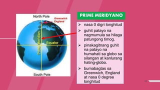 10
PRIME MERIDYANO
 nasa 0 digri longhitud
 guhit patayo na
nagmumula sa hilaga
patungong timog.
 pinakagitnang guhit
na patayo na
humahati sa globo sa
silangan at kanlurang
hating-globo.
 bumabagtas sa
Greenwich, England
at nasa 0 degree
longhitud
 