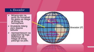 1. Ekwador
 likhang-isip na
guhit na humahati
sa globo sa hilaga
at timog na
hemisphere
 itinatakda bilang
zero degree
latitude
 representasyon sa
pagsukat ng mga
distansya sa
hilaga at timog
patungo sa polo.
 