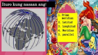 35
Ituro kung nasaan ang:
1. Prime
meridian
2. Latitud
3. Longhitud
4. Meridian
5. parallel
 