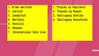 38
1. Prime meridian
2. Latitud
3. Longhitud
4. Meridian
5. Parallel
6. Ekwador
7. International Date Line
1. Tropiko ng Kaprikorn
2. Tropiko ng Kanser
3. Kabilugang Arktiko
4. Kabilugang Antarktiko
 