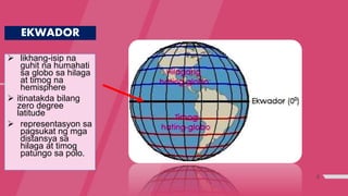 9
EKWADOR
 likhang-isip na
guhit na humahati
sa globo sa hilaga
at timog na
hemisphere
 itinatakda bilang
zero degree
latitude
 representasyon sa
pagsukat ng mga
distansya sa
hilaga at timog
patungo sa polo.
 