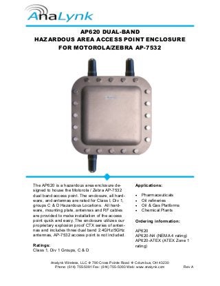 Analynk Wireless, LLC 790 Cross Pointe Road Columbus, OH 43230
Phone: (614) 755-5091 Fax: (614) 755-5093 Web: www.analynk.com
AP620 DUAL-BAND
HAZARDOUS AREA ACCESS POINT ENCLOSURE
FOR MOTOROLA/ZEBRA AP-7532
The AP620 is a hazardous area enclosure de-
signed to house the Motorola / Zebra AP-7532
dual band access point. The enclosure, all hard-
ware, and antennas are rated for Class I, Div 1,
groups C & D Hazardous Locations. All hard-
ware, mounting plate, antennas and RF cables
are provided to make installation of the access
point quick and easy. The enclosure utilizes our
proprietary explosion proof CTX series of anten-
nas and includes three dual band 2.4GHz/5GHz
antennas, AP-7532 access point is not included.
Ratings:
Class 1, Div 1 Groups, C & D
Applications:
• Pharmaceuticals
• Oil refineries
• Oil & Gas Platforms
• Chemical Plants
Ordering information:
AP620
AP620-N4 (NEMA 4 rating)
AP620-ATEX (ATEX Zone 1
rating)
Rev A
 