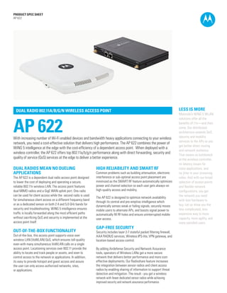 PRODUCT SPEC SHEET
AP 622

DUAL RADIO 802.11A/B/G/N WIRELESS ACCESS POINT

AP 622

With increasing number of Wi-Fi enabled devices and bandwidth heavy applications connecting to your wireless
network, you need a cost-effective solution that delivers high performance. The AP 622 combines the power of
WiNG 5 intelligence at the edge with the cost-efficiency of a dependent access point. When deployed with a
wireless controller, the AP 622 offers top 802.11a/b/g/n performance along with direct forwarding, security and
quality of service (QoS) services at the edge to deliver a better experience.

DUAL RADIOS MEAN NO DUELING
APPLICATIONS

The AP 622 is a dependent dual radio access point designed
to lower the cost of deploying and operating a secure,
reliable 802.11n wireless LAN. The access point features
dual MIMO radios and a GigE WAN uplink port. One radio
can be used for client access while the second radio is used
for simultaneous client access on a different frequency band
or as a dedicated sensor on both 2.4 and 5.0 GHz bands for
security and troubleshooting. WiNG 5 intelligence ensures
traffic is locally forwarded along the most efficient paths
without sacrificing QoS and security is implemented at the
access point itself.

OUT-OF-THE-BOX FUNCTIONALITY

Out-of-the-box, this access point supports voice over
wireless LAN (VoWLAN) QoS, which ensures toll-quality
even with many simultaneous VoWLAN calls on a single
access point. Locationing services over 802.11 provide the
ability to locate and track people or assets, and even to
control access to the network or applications. In addition,
its easy to provide hotspot and guest access and assure
the user can only access authorized networks, sites,
or applications.

HIGH RELIABILITY AND SMART RF

Common problems such as building attenuation, electronic
interference or sub-optimal access point placement are
minimized as the SMART RF feature automatically optimizes
power and channel selection so each user gets always-on
high-quality access and mobility.
The AP 622 is designed to optimize network availability
through its central and pre-emptive intelligence which
dynamically senses weak or failing signals, securely moves
mobile users to alternate APs, and boosts signal power to
automatically fill RF holes and ensure uninterrupted mobile
user access.

GAP-FREE SECURITY

LESS IS MORE
Motorola’s WiNG 5 WLAN
solutions offer all the
benefits of 11n—and then
some. Our distributed
architecture extends QoS,
security and mobility
services to the APs so you
get better direct routing
and network resilience.
That means no bottleneck
at the wireless controller,
no latency issues for
voice applications, and
no jitter in your streaming
video. And with our broad
selection of access points
and flexible network
configurations, you get
the network you need
with less hardware to
buy. Let us show you the
less complicated, less
expensive way to more
capacity, more agility, and
more satisfied users.

Security includes layer 2-7 stateful packet filtering firewall,
AAA RADIUS services, Wireless IPS-lite, VPN gateway, and
location-based access control.
By adding Airdefense Security and Network Assurance
tools, operators of Wireless LANs get a more secure
network that delivers better performance and more costeffective deployments. Our Radioshare feature increases
the integration between sensor radios and client access
radios by enabling sharing of information to support threat
detection and mitigation. The result - you get a wireless
network with fewer dedicated sensor radios while achieving
improved security and network assurance performance.

PAGE 1

 