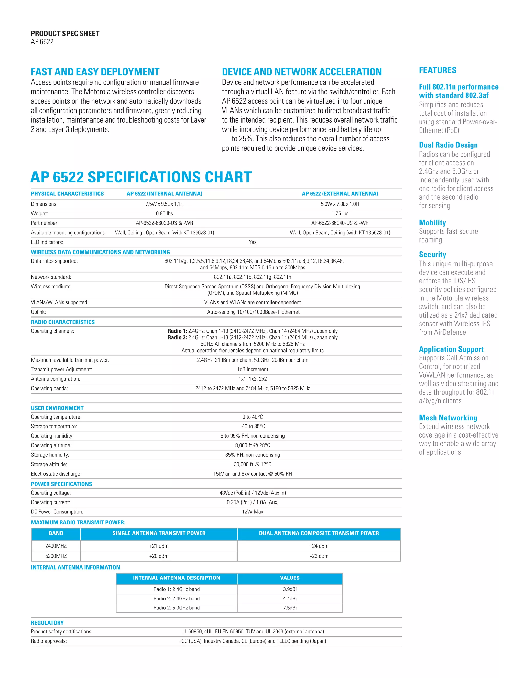 PRODUCT SPEC SHEET
AP 6522



FAST AND EASY DEPLOYMENT                                                          DEVICE AND NETWORK ACCELERATION                                                 FEATURES
Access points require no configuration or manual firmware                         Device and network performance can be accelerated
                                                                                                                                                                  Full 802.11n performance
maintenance. The Motorola wireless controller discovers                           through a virtual LAN feature via the switch/controller. Each                   with standard 802.3af
access points on the network and automatically downloads                          AP 6522 access point can be virtualized into four unique                        Simplifies and reduces
all configuration parameters and firmware, greatly reducing                       VLANs which can be customized to direct broadcast traffic                       total cost of installation
installation, maintenance and troubleshooting costs for Layer                     to the intended recipient. This reduces overall network traffic                 using standard Power-over-
2 and Layer 3 deployments.                                                        while improving device performance and battery life up                          Ethernet (PoE)
                                                                                  — to 25%. This also reduces the overall number of access
                                                                                  points required to provide unique device services.                              Dual Radio Design
                                                                                                                                                                  Radios can be configured
                                                                                                                                                                  for client access on
                                                                                                                                                                  2.4Ghz and 5.0Ghz or
AP 6522 SPECIFICATIONS CHART                                                                                                                                      independently used with
                                                                                                                                                                  one radio for client access
PHYSICAL CHARACTERISTICS	                  AP 6522 (INTERNAL ANTENNA) 		                                                AP 6522 (EXTERNAL ANTENNA)
                                                                                                                                                                  and the second radio
Dimensions: 	                                    7.5W x 9.5L x 1.1H 		                                                          5.0W x 7.8L x 1.0H                for sensing
Weight: 	                                            0.85 lbs 		                                                                     1.75 lbs
Part number:	                                 AP-6522-66030-US & -WR 		                                                     AP-6522-66040-US & -WR                Mobility
Available mounting configurations: 	   Wall, Ceiling , Open Beam (with KT-135628-01)		                             Wall, Open Beam, Ceiling (with KT-135628-01)   Supports fast secure
LED indicators: 		                                                                            Yes                                                                 roaming
WIRELESS DATA COMMUNICATIONS AND NETWORKING
                                                                                                                                                                  Security
Data rates supported: 		802.11b/g: 1,2,5.5,11,6,9,12,18,24,36,48, and 54Mbps 802.11a: 6,9,12,18,24,36,48,
		                                      and 54Mbps, 802.11n: MCS 0-15 up to 300Mbps
                                                                                                                                                                  This unique multi-purpose
                                                                                                                                                                  device can execute and
Network standard: 		                                                           802.11a, 802.11b, 802.11g, 802.11n
                                                                                                                                                                  enforce the IDS/IPS
Wireless medium: 		Direct Sequence Spread Spectrum (DSSS) and Orthogonal Frequency Division Multiplexing
		                                   (OFDM), and Spatial Multiplexing (MIMO)
                                                                                                                                                                  security policies configured
VLANs/WLANs supported:		                                                   VLANs and WLANs are controller-dependent
                                                                                                                                                                  in the Motorola wireless
                                                                                                                                                                  switch, and can also be
Uplink: 		                                                                  Auto-sensing 10/100/1000Base-T Ethernet
                                                                                                                                                                  utilized as a 24x7 dedicated
RADIO CHARACTERISTICS                                                                                                                                             sensor with Wireless IPS
Operating channels: 	 	 Radio 1: 2.4GHz: Chan 1-13 (2412-2472 MHz), Chan 14 (2484 MHz) Japan only                                                                 from AirDefense
		 Radio 2: 2.4GHz: Chan 1-13 (2412-2472 MHz), Chan 14 (2484 MHz) Japan only
		                                    5GHz: All channels from 5200 MHz to 5825 MHz
		                           Actual operating frequencies depend on national regulatory limits                                                                    Application Support
Maximum available transmit power:		                                   2.4GHz: 21dBm per chain, 5.0GHz: 20dBm per chain                                            Supports Call Admission
Transmit power Adjustment:		                                                             1dB increment                                                            Control, for optimized
Antenna configuration:		                                                                 1x1, 1x2, 2x2
                                                                                                                                                                  VoWLAN performance, as
                                                                                                                                                                  well as video streaming and
Operating bands:		                                                    2412 to 2472 MHz and 2484 MHz, 5180 to 5825 MHz
                                                                                                                                                                  data throughput for 802.11
                                                                                                                                                                  a/b/g/n clients
USER ENVIRONMENT 			                                                                                                                     	
Operating temperature:		                                                                   0 to 40°C                                                              Mesh Networking
Storage temperature: 		                                                                   -40 to 85°C                                                             Extend wireless network
Operating humidity: 		                                                           5 to 95% RH, non-condensing                                                      coverage in a cost-effective
Operating altitude: 		                                                                  8,000 ft @ 28°C                                                           way to enable a wide array
Storage humidity:		                                                                85% RH, non-condensing                                                         of applications
Storage altitude: 		                                                                   30,000 ft @ 12°C
Electrostatic discharge: 		                                                   15kV air and 8kV contact @ 50% RH
POWER SPECIFICATIONS
Operating voltage: 		                                                            48Vdc (PoE in) / 12Vdc (Aux in)
Operating current: 		                                                               0.25A (PoE) / 1.0A (Aux)
DC Power Consumption: 		                                                                   12W Max
MAXIMUM RADIO TRANSMIT POWER:
        BAND                           SINGLE ANTENNA TRANSMIT POWER                                DUAL ANTENNA COMPOSITE TRANSMIT POWER

      2400MHZ                                     +21 dBm                                                                  +24 dBm
      5200MHZ                                     +20 dBm                                                                  +23 dBm

INTERNAL ANTENNA INFORMATION
                                             INTERNAL ANTENNA DESCRIPTION                                      VALUES

                                                    Radio 1: 2.4GHz band                                       3.9dBi
                                                    Radio 2: 2.4GHz band                                       4.4dBi
                                                    Radio 2: 5.0GHz band                                       7.5dBi


REGULATORY	
Product safety certifications: 		                               UL 60950, cUL, EU EN 60950, TUV and UL 2043 (external antenna)
Radio approvals: 		                                            FCC (USA), Industry Canada, CE (Europe) and TELEC pending (Japan)
                                                                                                                                                                                       PAGE 2
 