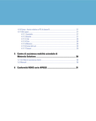4.16 Corea - Avviso relativo a ITE di classe B............................................................                     27
     4.17 Altri paesi ...........................................................................................................   27
          4.17.1 Australia ..................................................................................................       27
          4.17.2 Brasile......................................................................................................      27
          4.17.3 Cile ........................................................................................................      28
          4.17.4 Cina ........................................................................................................      28
          4.17.5 Messico ...................................................................................................        28
          4.17.6 Corea del sud...........................................................................................           28
          4.17.7 Taiwan .....................................................................................................       29

5 Centro di assistenza mobilità aziendale di
  Motorola Solutions ........................................................................... 30
     5.1 Siti Web di assistenza clienti............................................................................... 30
     5.2 Manuali ................................................................................................................ 30

6 Conformità ROHS serie AP6532 ...................................................... 31
 
