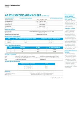 SCHEDA TECNICA PRODOTTO
AP 6532

AP 6532 Specifications Chart (continued)
User environment 	

AP 6532 (internal antenna)

AP 6532 (external antenna)

Operating temperature:		

32°F to 122° F/0°C to 50° C

Storage temperature: 		

-40°F to 158° F/-40°C to 70° C

Operating humidity: 		

5%-95% (non-condensing)

Operating altitude: 		

8,000 ft./2438 m

Storage altitude: 		

15,000 ft./4572 m

Electrostatic discharge: 		

+/- 15 kV (Air), +/- 8 kV (contact)

Power Specifications
Operating voltage: 		

802.3af supply: 48 VDC @ 12.95W (typical), 36 VDC to 57 VDC (range)

Operating current: 		

270mA (typical)

Integrated Power-over-Ethernet support: 	

Standards-based IEEE 802.3af

Maximum radio transmit power:
BAND

SINGLE ANTENNA COMPOSITE TRANSMIT POWER

DUAL ANTENNA COMPOSITE TRANSMIT POWER

2400MHZ

+21 dBm

+24 dBm

5200MHZ

+19dBm

+22 dBm

Typical rms power consumption
	

Option1

DC VOLTAGE

DC AMPS

DC POWER CONSUMPTION

1

48V

270mA

12.95W

2

48V

209mA

10.00W

	

Antenna Specifications
Type: 	

Integrated 2.4 GHz and 5.2 GHz Dual-Antenna Elements	

Band: 	

2.4 GHz to 2.5 GHz; 4.9 GHz to 5.850 GHz (actual operating frequencies depend on regulatory rules and certification agency)

Six RSMA connectors for external antennas (not included)

Gain: 	

2.0 dBi (2.4GHz), 4.8dBi (5GHz)	

Antenna-specific

Internal antenna information
	

INTERNAL ANTENNA DESCRIPTION

VALUES

Peak gain, 2.4GHz band

2.0dBi

Peak gain, 5.2GHz band

4.8dBi

Regulatory
Product safety certifications: 		

UL 60950, cUL, EU EN 60950, TUV and UL 2043 (external antenna)

Radio approvals: 		

FCC (USA), Industry Canada, CE (Europe) and TELEC (Japan)
Continua alla pagina seguente...

Bilanciamento del
carico, roaming
preventivo e scaling
della velocità
Consente di aumentare
l’affidabilità e la resilienza
della rete wireless per
supportare applicazioni di
importanza critica
Due fattori di forma
Il modello con antenna
esterna e omologato
per l’installazione in
controsoffitti è dotato
di contenitore metallico
mentre il modello con
contenitore di plastica e
antenna interna è destinato
all’installazione in spazi
abitativi/di lavoro e offre
una copertura ad alto
contenimento dei costi
grazie ad antenne integrate
per 2,4 GHz e 5,2 GHz
Opzioni di installazione
flessibili
Installazione rapida e
facile su parete, soffitto
o controsoffitto; versione
con antenna interna
agganciabile a profilati a
T di controsoffitti senza
utilizzo di altri componenti
di fissaggio; versione
con antenna esterna per
l’installazione all’interno di
controsoffitti

 