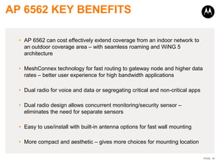 AP 6562 KEY BENEFITS

  • AP 6562 can cost effectively extend coverage from an indoor network to
    an outdoor coverage area – with seamless roaming and WiNG 5
    architecture

  • MeshConnex technology for fast routing to gateway node and higher data
    rates – better user experience for high bandwidth applications

  • Dual radio for voice and data or segregating critical and non-critical apps

  • Dual radio design allows concurrent monitoring/security sensor –
    eliminates the need for separate sensors

  • Easy to use/install with built-in antenna options for fast wall mounting

  • More compact and aesthetic – gives more choices for mounting location

                                                                                  PAGE 18
 