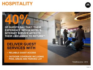 HOSPITALITY


 40%
 OF GUESTS SAY THAT “THEIR
 EXPERIENCE WITH A HOTEL’S
 INTERNET SERVICE AFFECTS
 THEIR LIKELIHOOD TO RETURN”1


  DELIVER GUEST
  SERVICES WITH
  • RELIABLE GUEST ACCESS
  • OUTDOOR COVERAGE INCLUDING
    POOL AREAS AND PARKING LOT
                                 1HotelExecutive   - 2012


                                                       PAGE 6
 