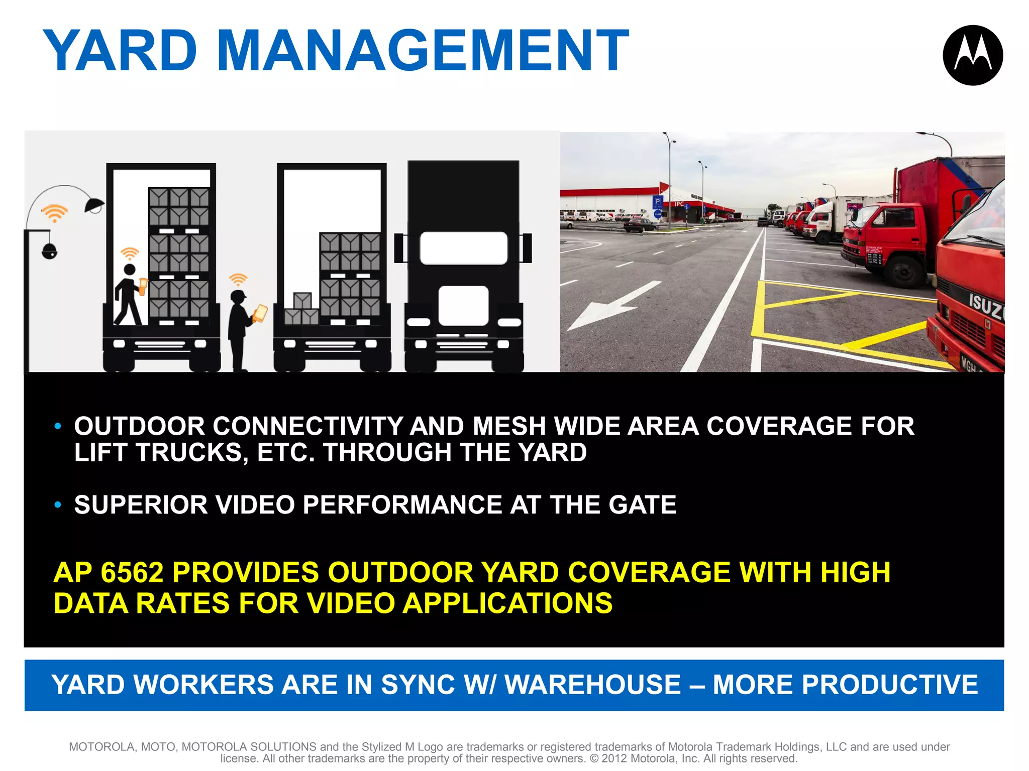 YARD MANAGEMENT

• OUTDOOR CONNECTIVITY AND MESH WIDE AREA COVERAGE FOR
LIFT TRUCKS, ETC. THROUGH THE YARD
• SUPERIOR VIDEO PERFORMANCE AT THE GATE

AP 6562 PROVIDES OUTDOOR YARD COVERAGE WITH HIGH
DATA RATES FOR VIDEO APPLICATIONS
YARD WORKERS ARE IN SYNC W/ WAREHOUSE – MORE PRODUCTIVE
MOTOROLA, MOTO, MOTOROLA SOLUTIONS and the Stylized M Logo are trademarks or registered trademarks of Motorola Trademark Holdings, LLC and are used under
license. All other trademarks are the property of their respective owners. © 2012 Motorola, Inc. All rights reserved.

 