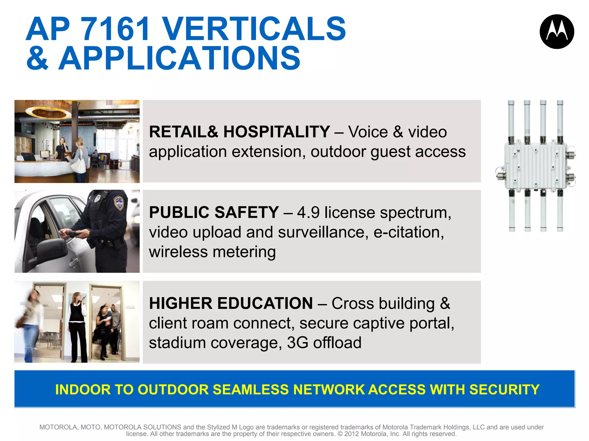AP 7161 VERTICALS
& APPLICATIONS
RETAIL& HOSPITALITY – Voice & video
application extension, outdoor guest access

PUBLIC SAFETY – 4.9 license spectrum,
video upload and surveillance, e-citation,
wireless metering
HIGHER EDUCATION – Cross building &
client roam connect, secure captive portal,
stadium coverage, 3G offload
INDOOR TO OUTDOOR SEAMLESS NETWORK ACCESS WITH SECURITY
MOTOROLA, MOTO, MOTOROLA SOLUTIONS and the Stylized M Logo are trademarks or registered trademarks of Motorola Trademark Holdings, LLC and are used under
license. All other trademarks are the property of their respective owners. © 2012 Motorola, Inc. All rights reserved.

 
