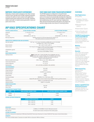 PRODUCT SPEC SHEET
AP 6562

IMPROVE YOUR GUEST EXPERIENCE

FAST AND EASY ZERO-TOUCH DEPLOYMENT

Deploying a simple outdoor extension to the indoor wireless
network comes naturally with AP 6562, allowing hospitality
customers the ability to reach outdoors with applications
targeted toward guest experience and concierge, expedited
check-in and valet, or toward revenue generation in pool and
guest access areas.

The AP 6562 requires no configuration or manual firmware
maintenance. The Motorola wireless controller discovers access
points on the network and automatically downloads all configuration
parameters and firmware, greatly reducing installation, maintenance
and troubleshooting costs for Layer 2 and Layer 3 deployments.
With internal and external antenna SKU options, the compact and
aesthetic design provides more choices for mounting locations.

AP 6562 SPECIFICATIONS CHART
PHYSICAL CHARACTERISTICS	

AP 6562 (EXTERNAL ANTENNA)

9.1” W x 9.8” H x 2.6” D		

Weight: 	

9.1” W x 9.8” H x 2.6” D

2.9 lbs 		

Part number:	

2.9 lbs

AP-6562-66030 (- US, -WR, -EU) 		

Mounting configurations: 		
		

AP-6562-66040 (- US, -WR, -EU)

Adaptable mounting kit for wall & pole deployments (KT-147407-01) -01)
With optional extension arm accessory (KT-150173-01)

WIRELESS DATA COMMUNICATIONS AND NETWORKING
Data rates supported: 		 802.11b/g: 1,2,5.5,11,6,9,12,18,24,36,48, and 54Mbps 802.11a: 6,9,12,18,24,36,48,
		
and 54Mbps, 802.11n: MCS 0-15 up to 300Mbps
Network standard: 		

802.11a, 802.11b, 802.11g, 802.11n

Wireless medium: 		
Direct Sequence Spread Spectrum (DSSS) and Orthogonal Frequency Division Multiplexing
		
(OFDM), and Spatial Multiplexing (MIMO)
VLANs/WLANs supported:		

VLANs and WLANs are controller-dependent

Uplink: 		

Auto-sensing 10/100/1000Base-T Ethernet

RADIO CHARACTERISTICS
Operating channels: 	
	
Radio 1: 2.4GHz: Chan 1-13 (2412-2472 MHz), Chan 14 (2484 MHz) Japan only
		 Radio 2: 2.4GHz: Chan 1-13 (2412-2472 MHz), Chan 14 (2484 MHz) Japan only 5GHz:
		
All channels from 5200 MHz to 5825 MHz Actual operating frequencies
		
depend on national regulatory limits
Maximum available transmit power:		

2.4GHz: 21dBm per chain, 5.0GHz: 20dBm per chain

Transmit power Adjustment:		

1dB increment

Antenna configuration:		

1x1, 1x2, 2x2

Operating bands:		

2412 to 2472 MHz and 2484 MHz, 5180 to 5825 MHz

USER ENVIRONMENT 			

	

Operating temperature:		

-30 to +60°C

Storage temperature: 		

-40 to 85°C

Operating humidity: 		

5 to 95% RH, non-condensing

Operating altitude: 		

8,000 ft

Storage altitude: 		

30,000 ft

Electrostatic discharge: 		

EN61000-4-2. Air +/-15kV, Contact +/-8kV

Enclosure:		
Outdoor IP67 rated, Polymeric corrosion resistant enclosure ASTM B117 Salt, Fog, and Rust resistance
Operational shock:		

IEC60721-3-4, Class 4M3, MIL STD 810F

Operational vibration:		

IEC60721-3-4, Class 4M3

POWER SPECIFICATIONS		
Operating voltage: 		

36-57 VDC

Power in (PoE): 		

Ideal Applications
• Hospitality
• Enterprise, Education
	 and Healthcare campus
	 facilities
•	Manufacturing and
	 Logistics
•	Retail Outdoor Spaces

AP 6562 (INTERNAL ANTENNA) 		

Dimensions: 	

FEATURES

802.3at

MAXIMUM RADIO TRANSMIT POWER:
BAND

SINGLE ANTENNA TRANSMIT POWER

DUAL ANTENNA COMPOSITE TRANSMIT POWER

2400MHZ

+21 dBm
+20 dBm

Full 802.11n performance
with standard 802.3at
Simplifies and reduces
total cost of installation
using standard Power-overEthernet (PoE)
Mobility
Supports fast secure
roaming
Security
This unique multi-purpose
device can execute and
enforce the IDS/IPS
security policies configured
in the Motorola wireless
switch, and can also be
utilized as a 24x7 dedicated
sensor for Wireless IPS
with AirDefense Services
Platform
Mesh networking
Patented Mesh
Networking–
MeshConnex™ allows
wireless extension of
existing wired or wireless
networks in remote or
outdoor locations. Elimates
running expensive cables to
every AP outdoors
Outdoor rated IP 67 Cast
Aluminum Enclosure
Equipment designed to
withstand wind, rain, and
extreme temperatures

+24 dBm

5200MHZ

•	Service Providers and
	 Hotspot Deployments

+23 dBm

INTERNAL ANTENNA INFORMATION
INTERNAL ANTENNA DESCRIPTION

VALUES

Radio 1: 2.4GHz band

5.0 dBi

Radio 2: 2.4GHz band

3.0 dBi

Radio 2: 5.0GHz band

6.0 dBi

REGULATORY	
Product safety certifications: 		

UL 60950, cUL, EU EN 60950, TUV and UL 2043 (external antenna)

Radio approvals: 		

FCC (USA), Industry Canada, CE (Europe) and TELEC pending (Japan)

OPTIONAL ACCESSORIES	
Mounting Kit, Extension Arm for Mounting Kit, IP66 Outdoor Rated 802.3AT Power Injector, Mounting Kit for Outdoor IP 66 802.3AT Power Injector, External Antenna Options
WARRANTY	
One (1) year on AP 6562 hardware *accessories not included, (30) Day on Accessories, (90) Day on Software		

PAGE 2

 