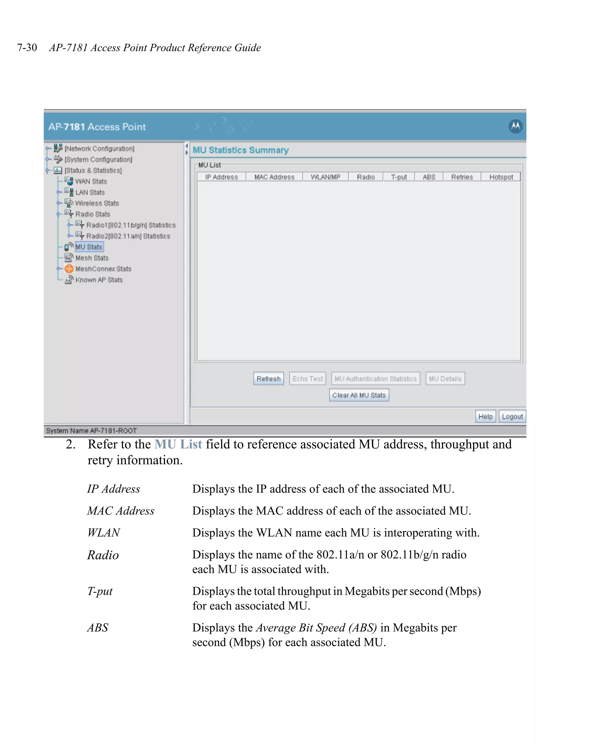 7-30   AP-7181 Access Point Product Reference Guide




          2. Refer to the MU List field to reference associated MU address, throughput and
             retry information.

              IP Address            Displays the IP address of each of the associated MU.
              MAC Address           Displays the MAC address of each of the associated MU.
              WLAN                  Displays the WLAN name each MU is interoperating with.
              Radio                 Displays the name of the 802.11a/n or 802.11b/g/n radio
                                    each MU is associated with.
              T-put                 Displays the total throughput in Megabits per second (Mbps)
                                    for each associated MU.
              ABS                   Displays the Average Bit Speed (ABS) in Megabits per
                                    second (Mbps) for each associated MU.
 