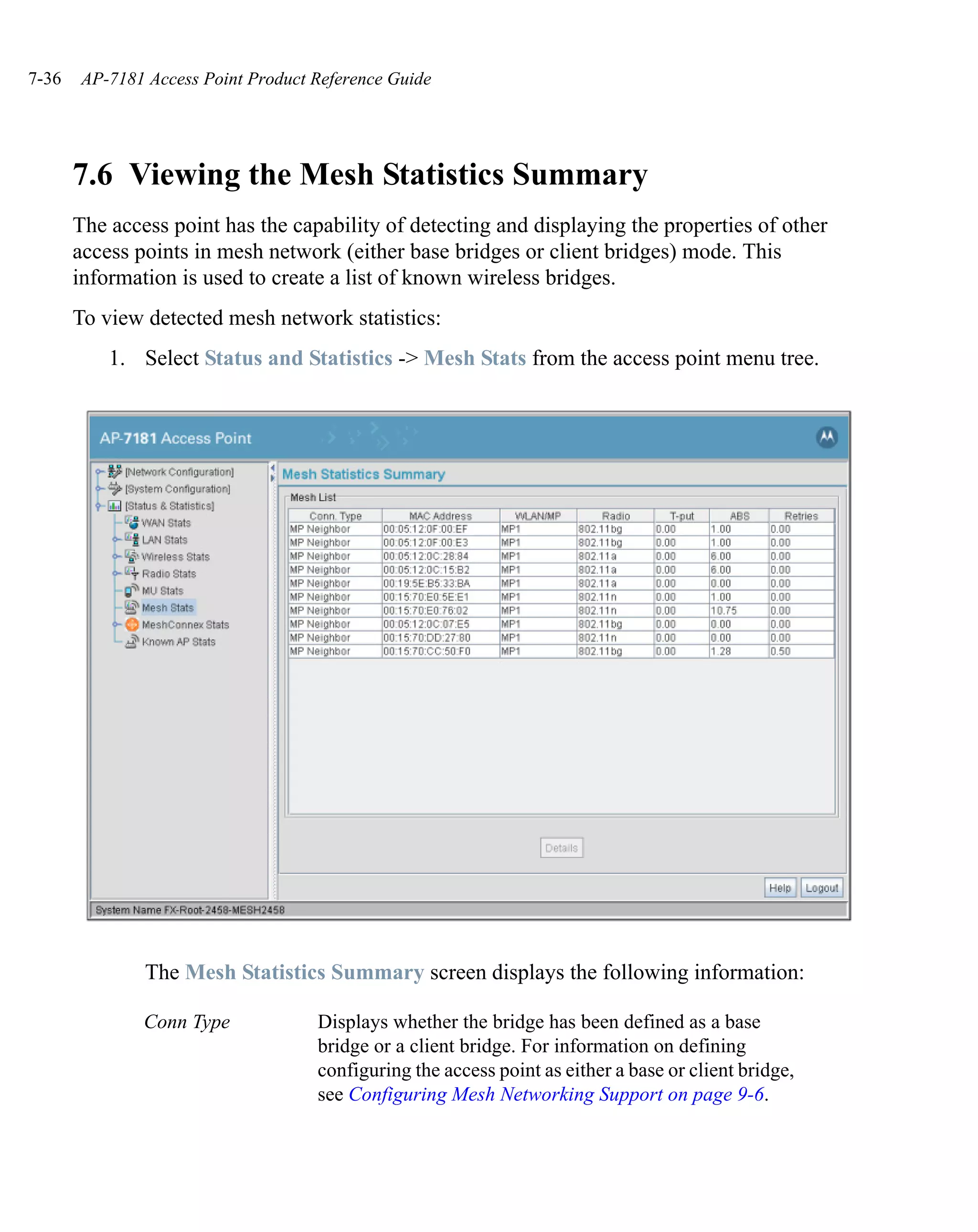 7-36   AP-7181 Access Point Product Reference Guide




       7.6 Viewing the Mesh Statistics Summary
       The access point has the capability of detecting and displaying the properties of other
       access points in mesh network (either base bridges or client bridges) mode. This
       information is used to create a list of known wireless bridges.
       To view detected mesh network statistics:
           1. Select Status and Statistics -> Mesh Stats from the access point menu tree.




               The Mesh Statistics Summary screen displays the following information:

               Conn Type            Displays whether the bridge has been defined as a base
                                    bridge or a client bridge. For information on defining
                                    configuring the access point as either a base or client bridge,
                                    see Configuring Mesh Networking Support on page 9-6.
 