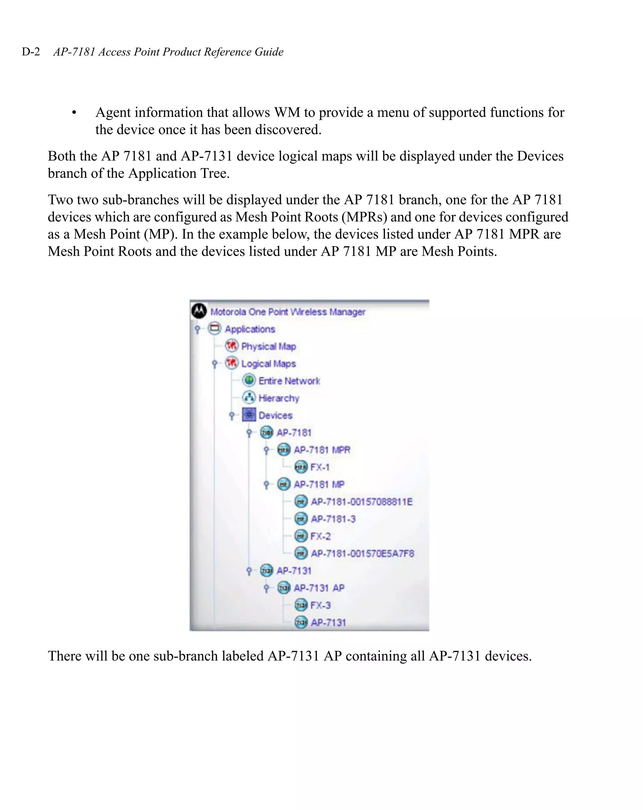 D-2   AP-7181 Access Point Product Reference Guide




         •    Agent information that allows WM to provide a menu of supported functions for
              the device once it has been discovered.
      Both the AP 7181 and AP-7131 device logical maps will be displayed under the Devices
      branch of the Application Tree.
      Two two sub-branches will be displayed under the AP 7181 branch, one for the AP 7181
      devices which are configured as Mesh Point Roots (MPRs) and one for devices configured
      as a Mesh Point (MP). In the example below, the devices listed under AP 7181 MPR are
      Mesh Point Roots and the devices listed under AP 7181 MP are Mesh Points.




      There will be one sub-branch labeled AP-7131 AP containing all AP-7131 devices.
 