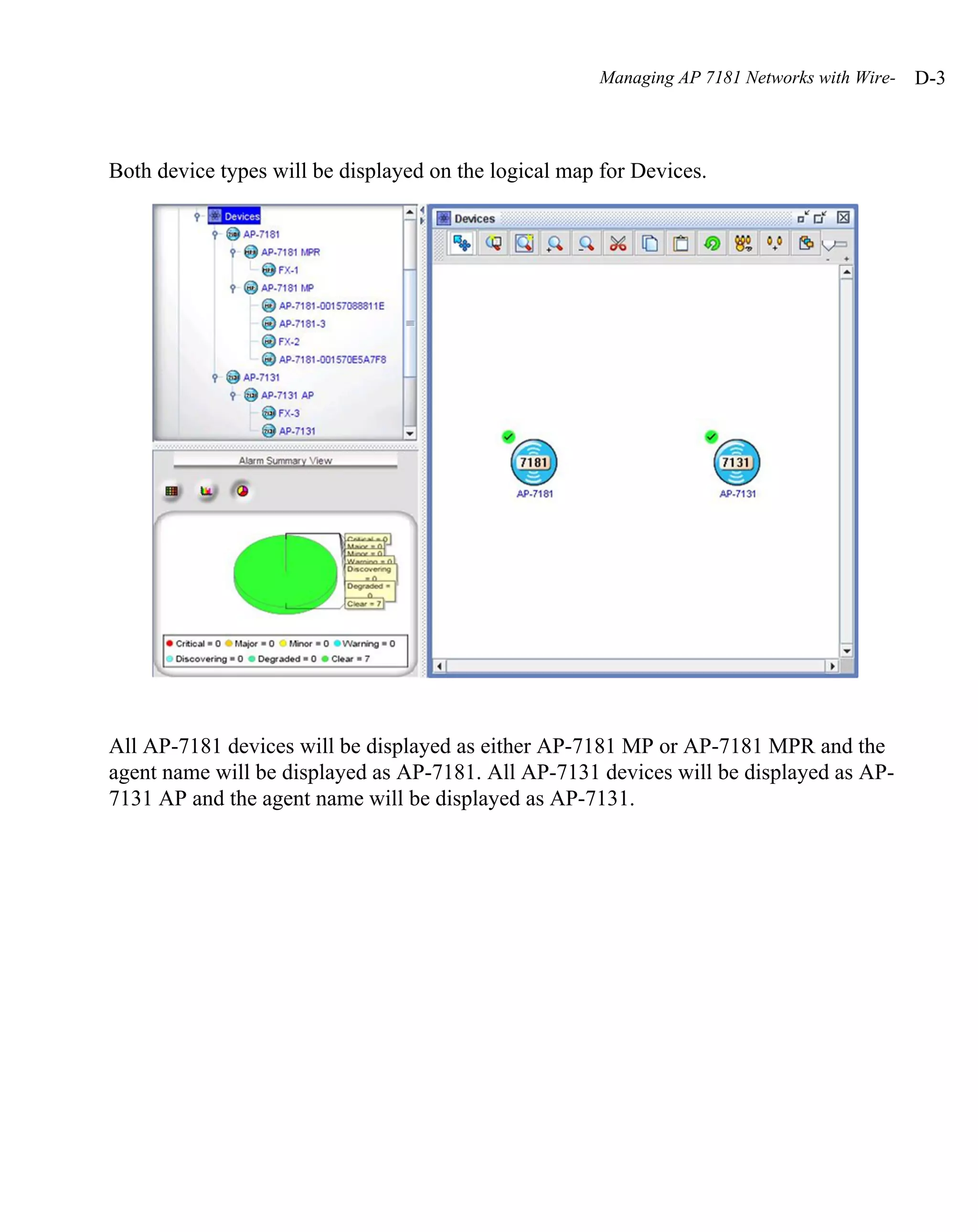 Managing AP 7181 Networks with Wire-   D-3



Both device types will be displayed on the logical map for Devices.




All AP-7181 devices will be displayed as either AP-7181 MP or AP-7181 MPR and the
agent name will be displayed as AP-7181. All AP-7131 devices will be displayed as AP-
7131 AP and the agent name will be displayed as AP-7131.
 