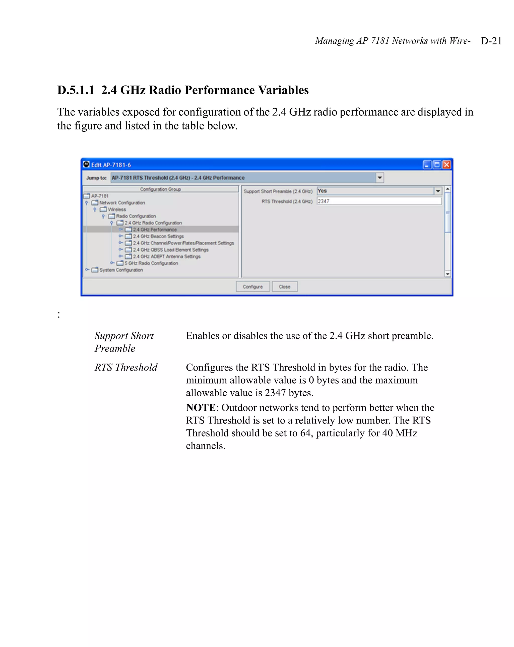 Managing AP 7181 Networks with Wire-   D-21



D.5.1.1 2.4 GHz Radio Performance Variables
The variables exposed for configuration of the 2.4 GHz radio performance are displayed in
the figure and listed in the table below.




:
        Support Short      Enables or disables the use of the 2.4 GHz short preamble.
        Preamble
        RTS Threshold      Configures the RTS Threshold in bytes for the radio. The
                           minimum allowable value is 0 bytes and the maximum
                           allowable value is 2347 bytes.
                           NOTE: Outdoor networks tend to perform better when the
                           RTS Threshold is set to a relatively low number. The RTS
                           Threshold should be set to 64, particularly for 40 MHz
                           channels.
 