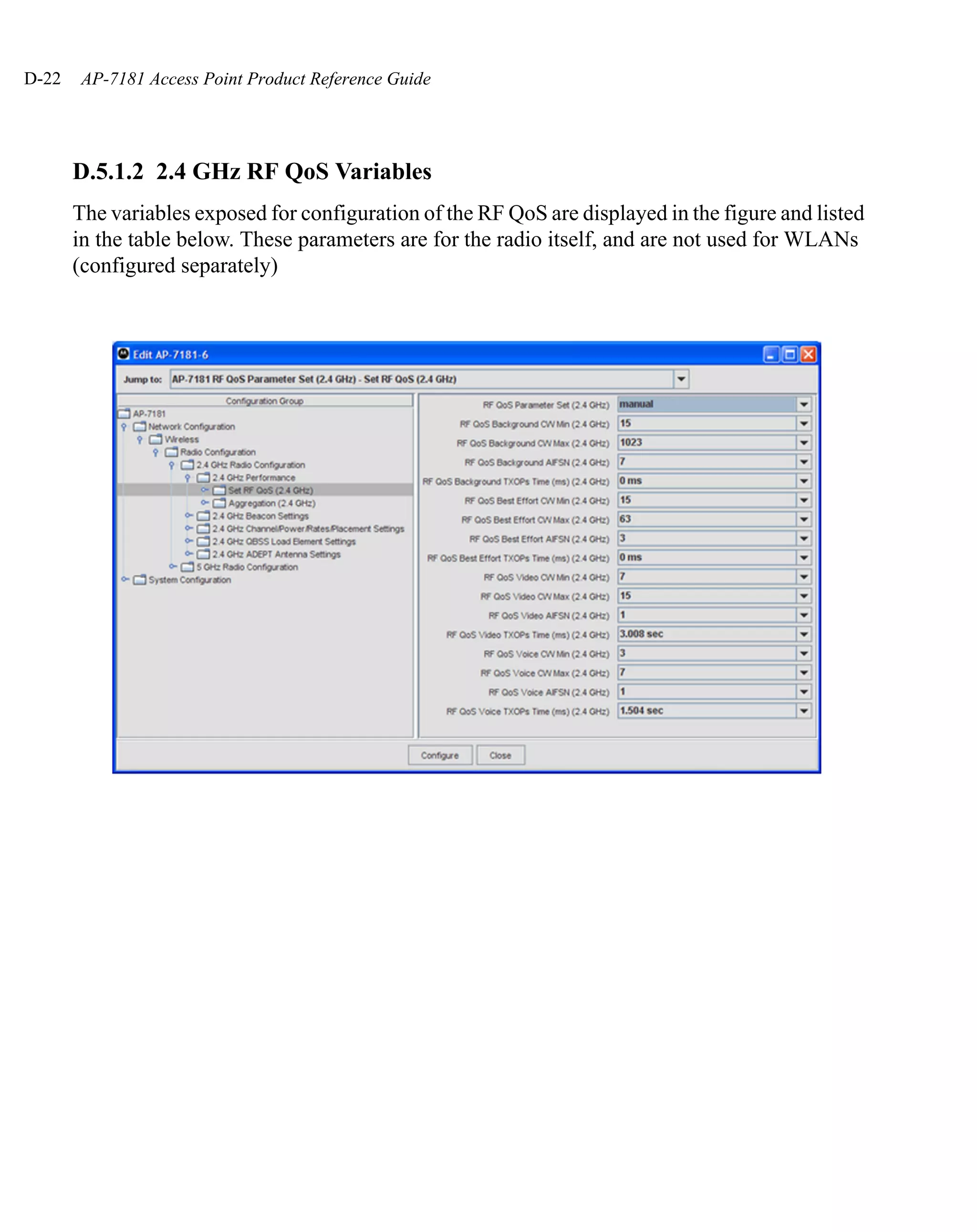 D-22   AP-7181 Access Point Product Reference Guide




       D.5.1.2 2.4 GHz RF QoS Variables
       The variables exposed for configuration of the RF QoS are displayed in the figure and listed
       in the table below. These parameters are for the radio itself, and are not used for WLANs
       (configured separately)
 