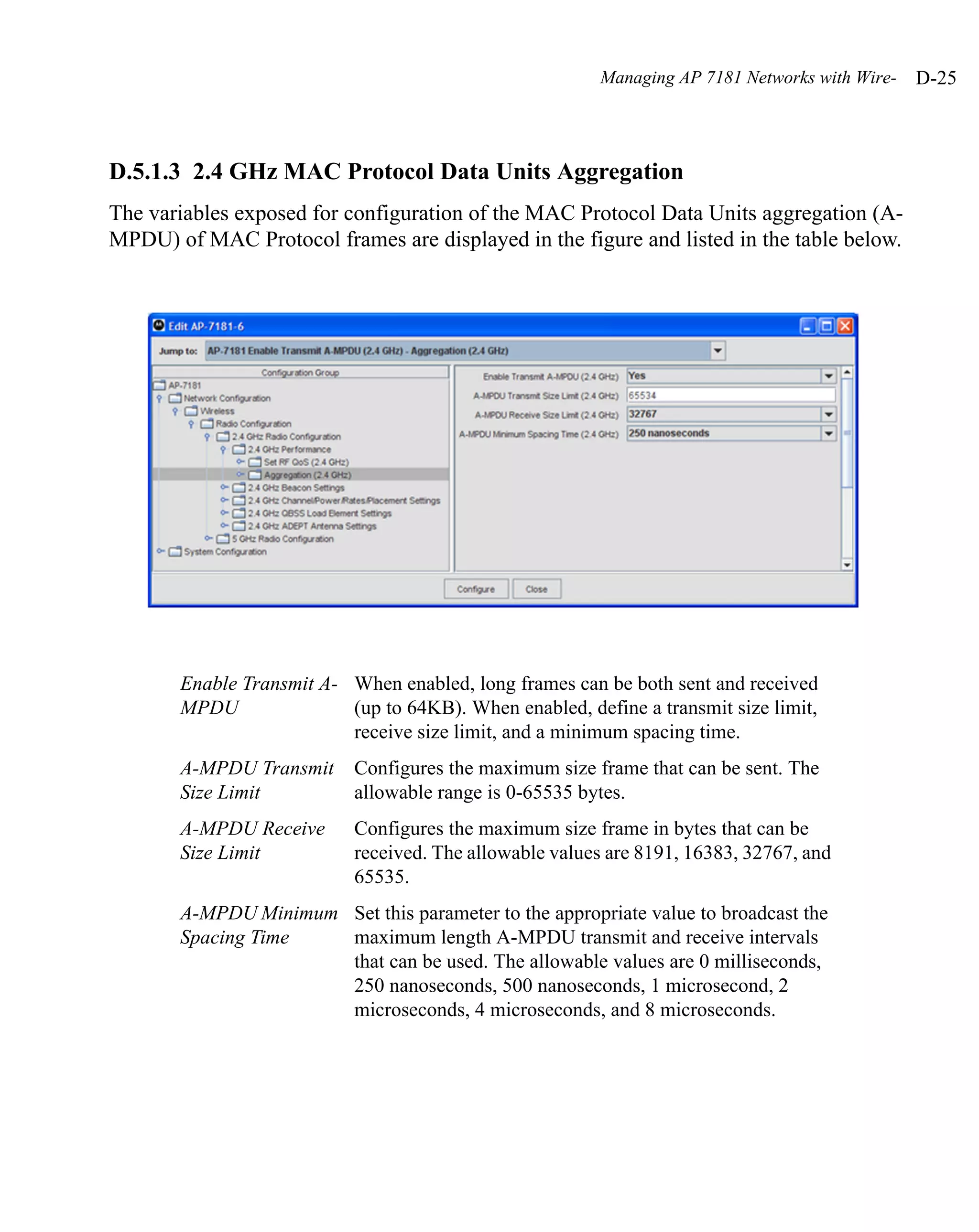 Managing AP 7181 Networks with Wire-   D-25



D.5.1.3 2.4 GHz MAC Protocol Data Units Aggregation
The variables exposed for configuration of the MAC Protocol Data Units aggregation (A-
MPDU) of MAC Protocol frames are displayed in the figure and listed in the table below.




       Enable Transmit A- When enabled, long frames can be both sent and received
       MPDU               (up to 64KB). When enabled, define a transmit size limit,
                          receive size limit, and a minimum spacing time.
       A-MPDU Transmit     Configures the maximum size frame that can be sent. The
       Size Limit          allowable range is 0-65535 bytes.
       A-MPDU Receive      Configures the maximum size frame in bytes that can be
       Size Limit          received. The allowable values are 8191, 16383, 32767, and
                           65535.
       A-MPDU Minimum Set this parameter to the appropriate value to broadcast the
       Spacing Time   maximum length A-MPDU transmit and receive intervals
                      that can be used. The allowable values are 0 milliseconds,
                      250 nanoseconds, 500 nanoseconds, 1 microsecond, 2
                      microseconds, 4 microseconds, and 8 microseconds.
 