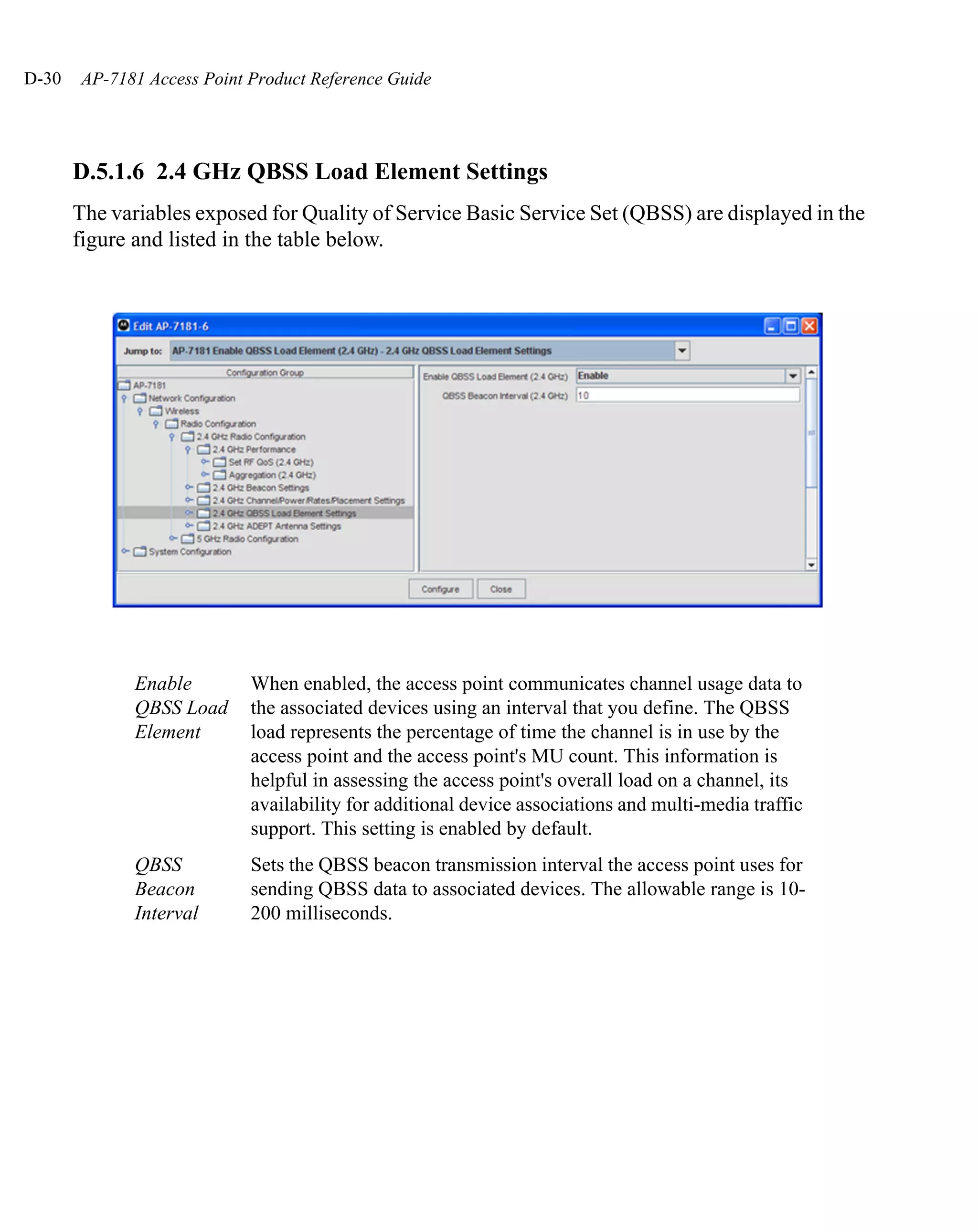 D-30   AP-7181 Access Point Product Reference Guide




       D.5.1.6 2.4 GHz QBSS Load Element Settings
       The variables exposed for Quality of Service Basic Service Set (QBSS) are displayed in the
       figure and listed in the table below.




              Enable        When enabled, the access point communicates channel usage data to
              QBSS Load     the associated devices using an interval that you define. The QBSS
              Element       load represents the percentage of time the channel is in use by the
                            access point and the access point's MU count. This information is
                            helpful in assessing the access point's overall load on a channel, its
                            availability for additional device associations and multi-media traffic
                            support. This setting is enabled by default.
              QBSS          Sets the QBSS beacon transmission interval the access point uses for
              Beacon        sending QBSS data to associated devices. The allowable range is 10-
              Interval      200 milliseconds.
 
