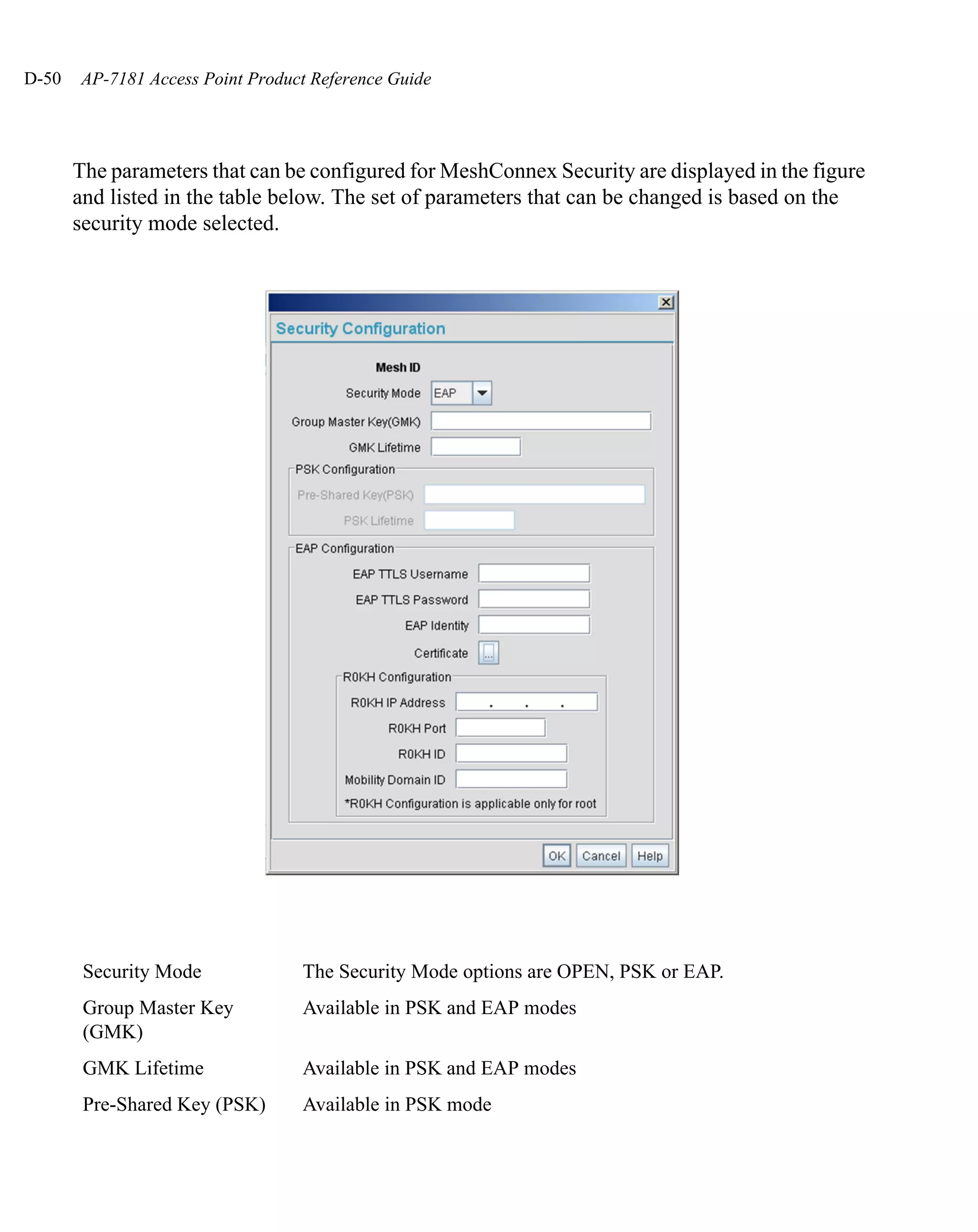 D-50   AP-7181 Access Point Product Reference Guide




       The parameters that can be configured for MeshConnex Security are displayed in the figure
       and listed in the table below. The set of parameters that can be changed is based on the
       security mode selected.




        Security Mode             The Security Mode options are OPEN, PSK or EAP.
        Group Master Key          Available in PSK and EAP modes
        (GMK)
        GMK Lifetime              Available in PSK and EAP modes
        Pre-Shared Key (PSK)      Available in PSK mode
 